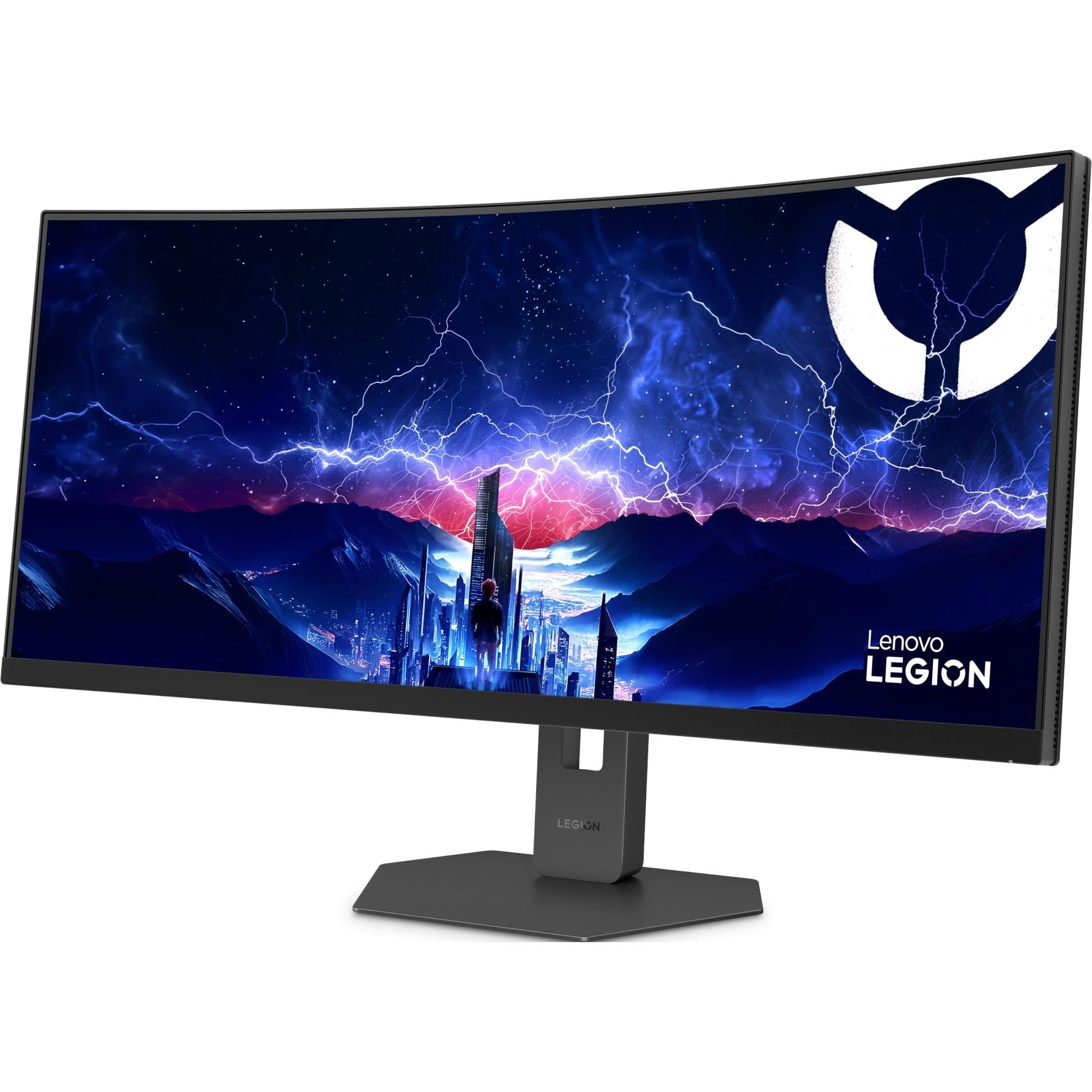 Curved gaming monitor three-quarter view with black stand, wide WQHD screen display