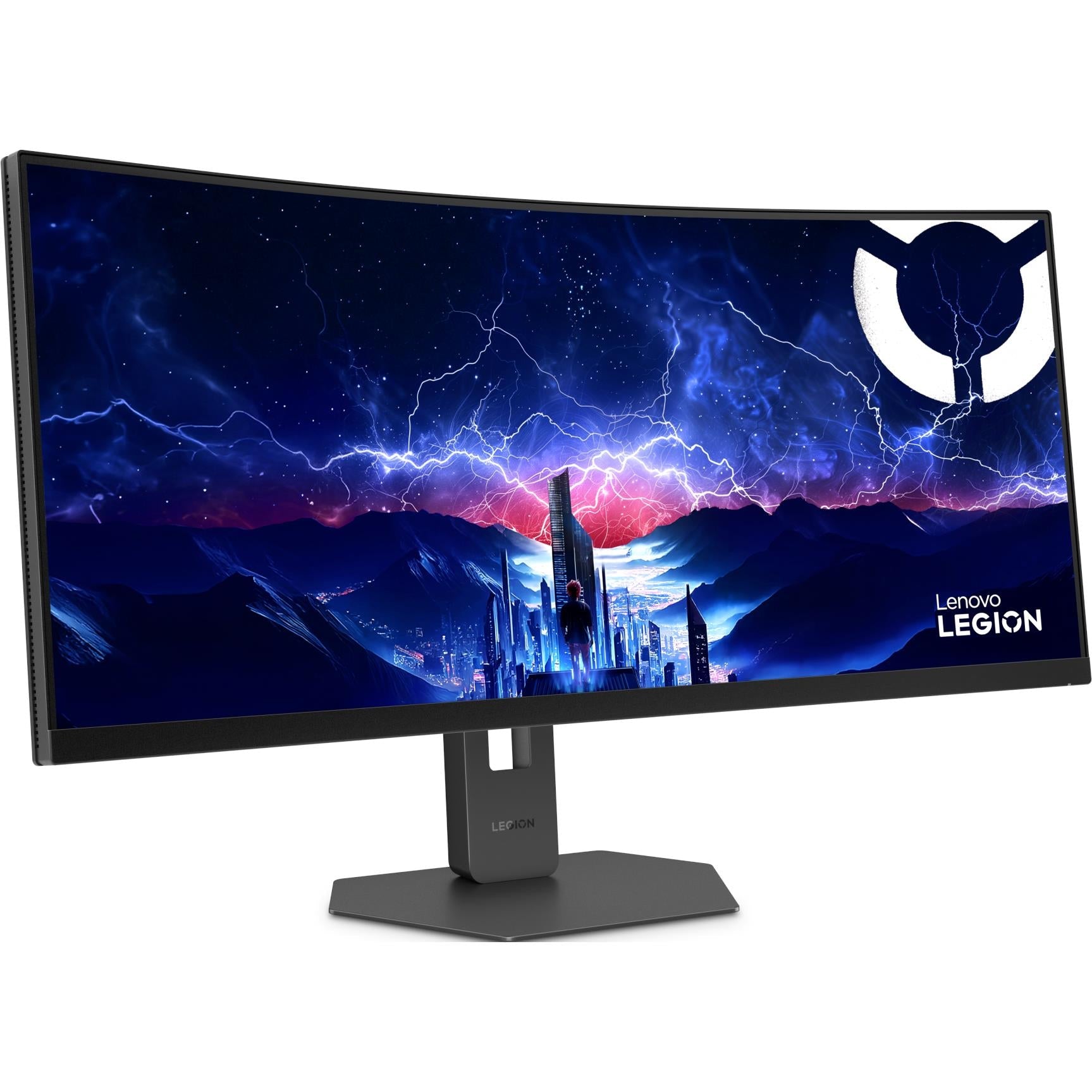 Curved gaming monitor front view with black stand, WQHD screen showing city and mountains