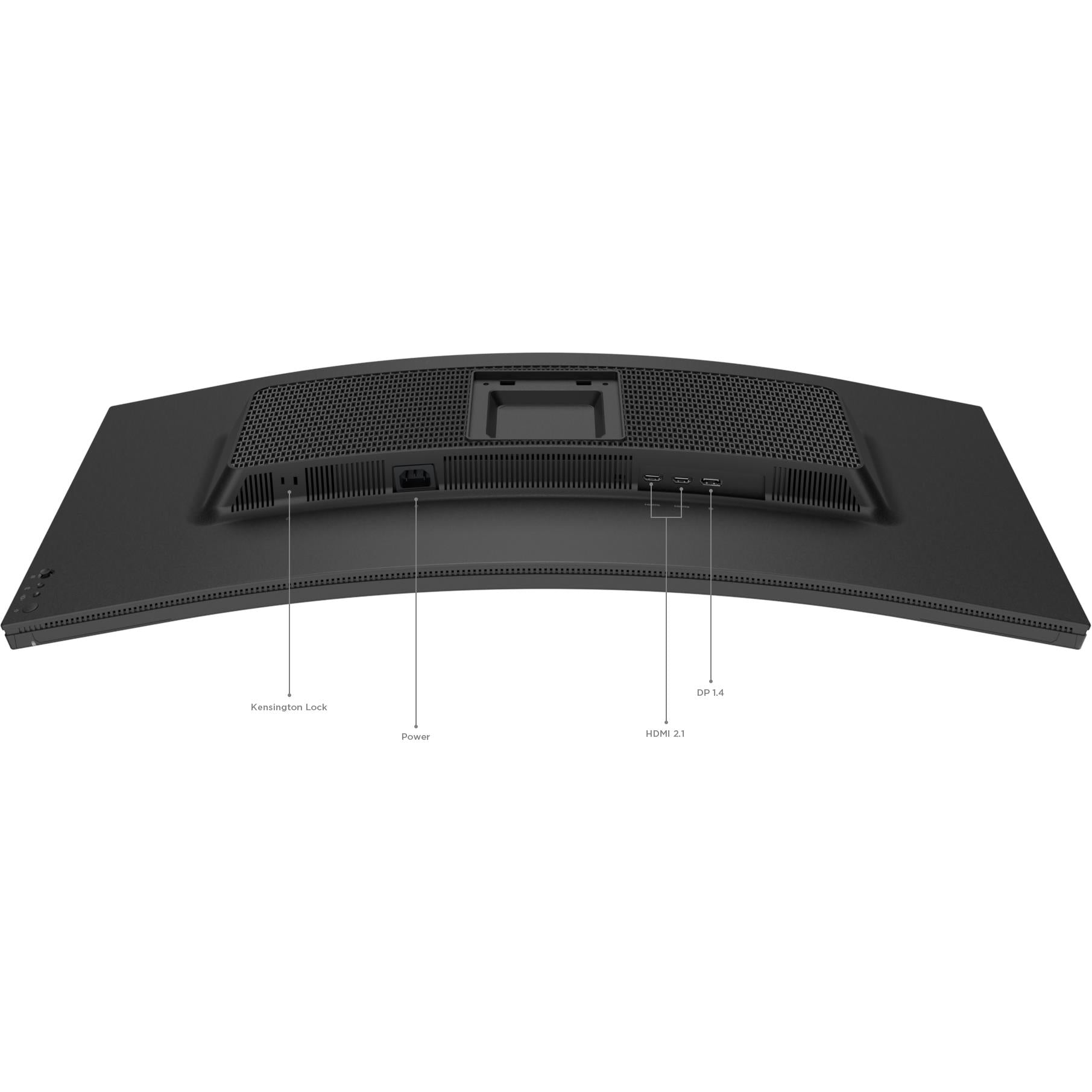Gaming monitor back top view with vented panel and rectangular port section