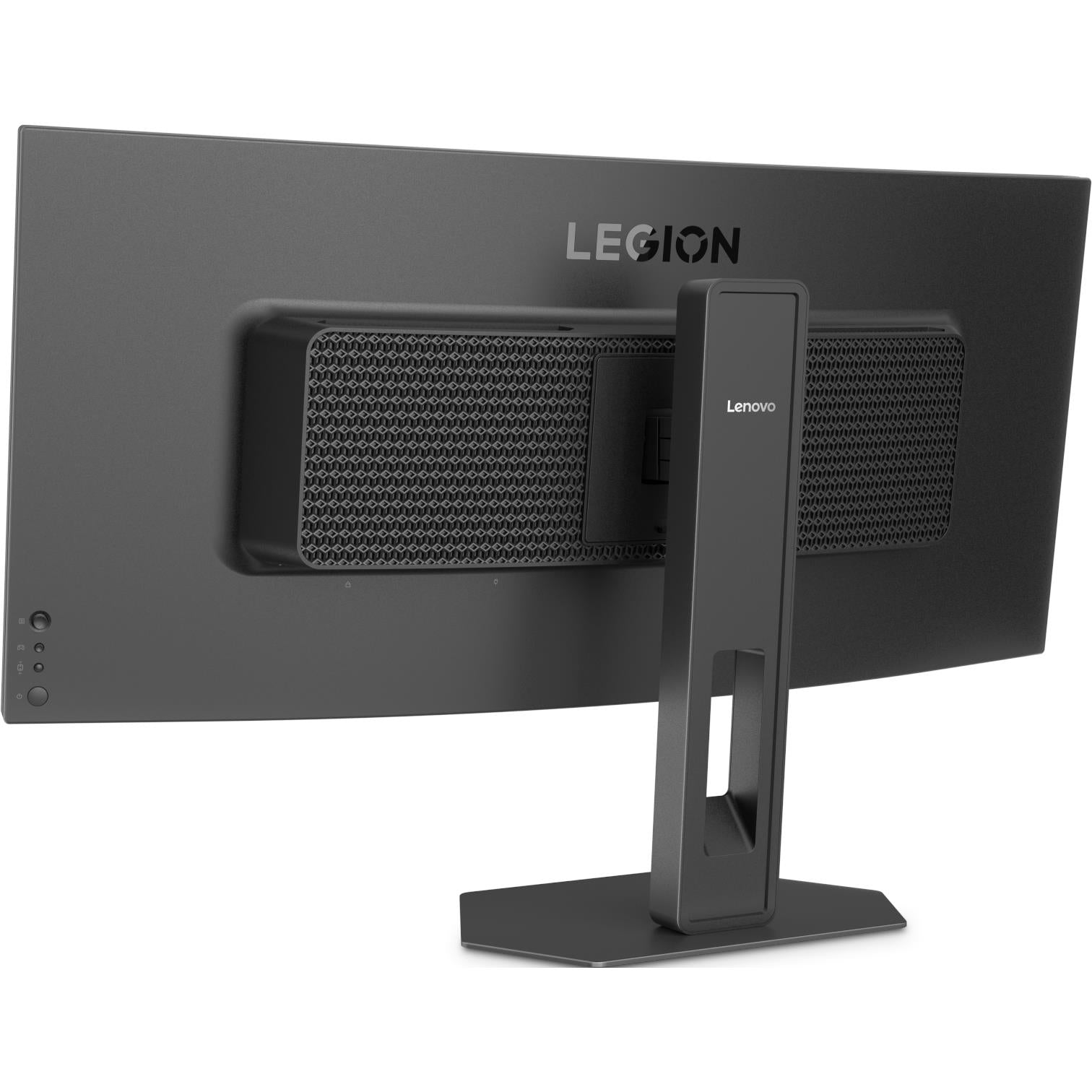 Gaming monitor rear view with vented speaker grille and centered stand