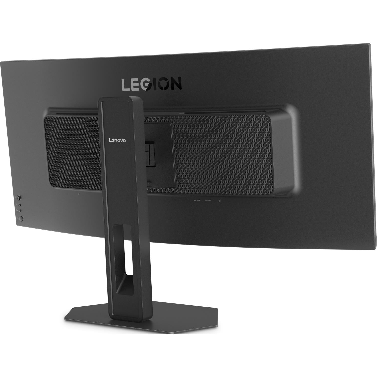 Gaming monitor rear view with vented grille and stand, angled perspective
