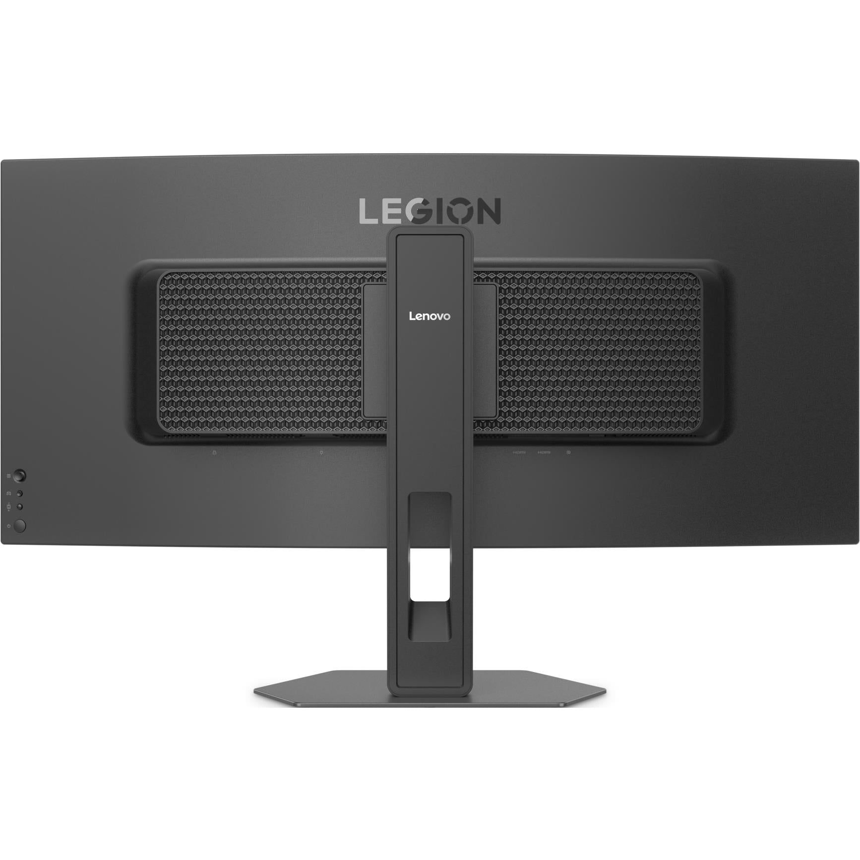 Gaming monitor rear view with vented speaker grille and centered stand base