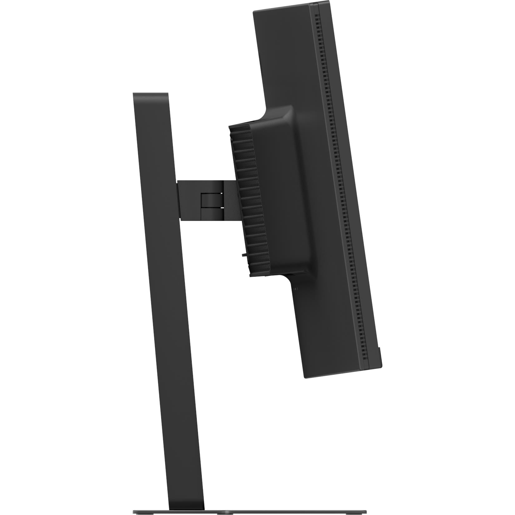 Gaming monitor rear side view showing tall stand column and vented grille