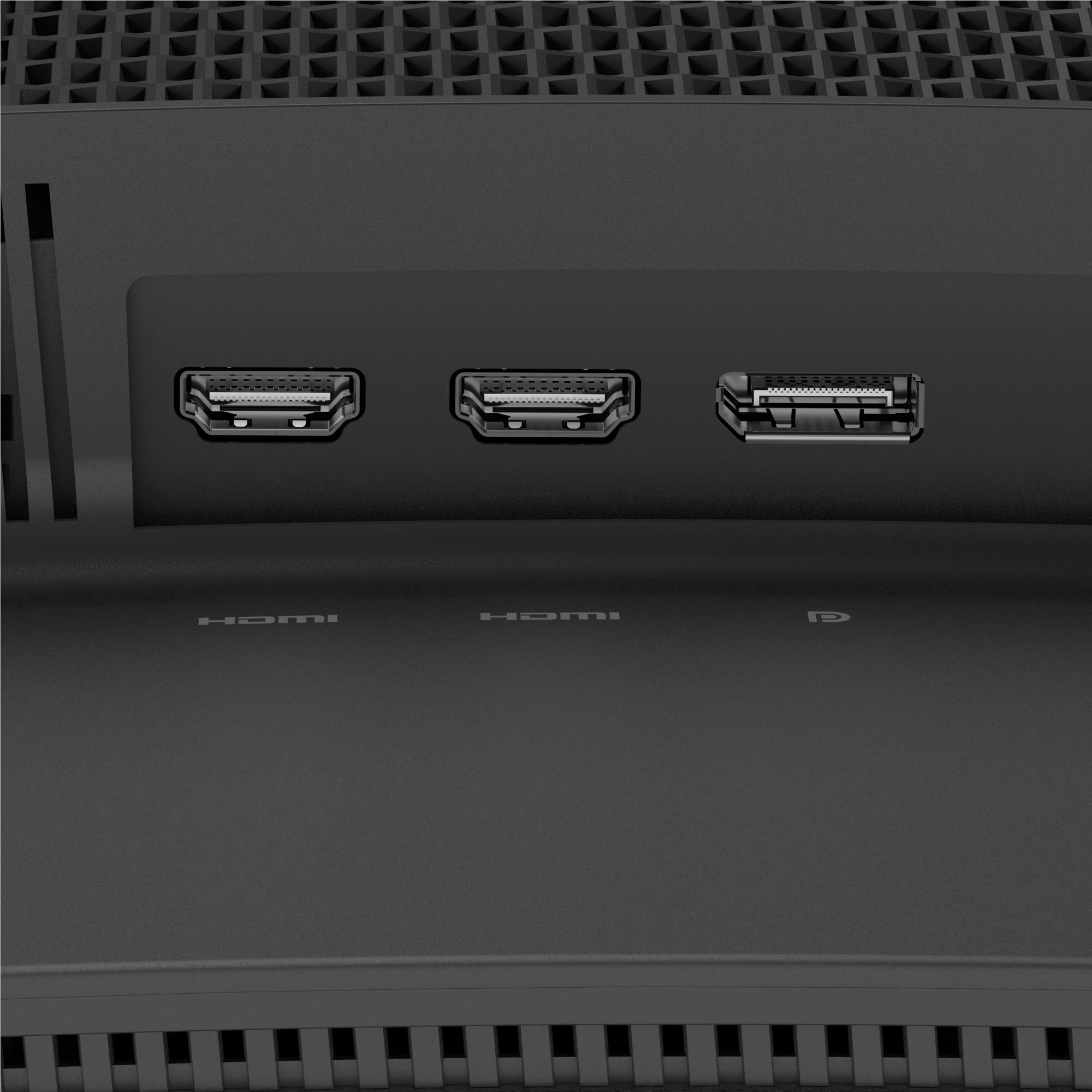 Monitor rear close-up showing three HDMI ports and surrounding connector panel