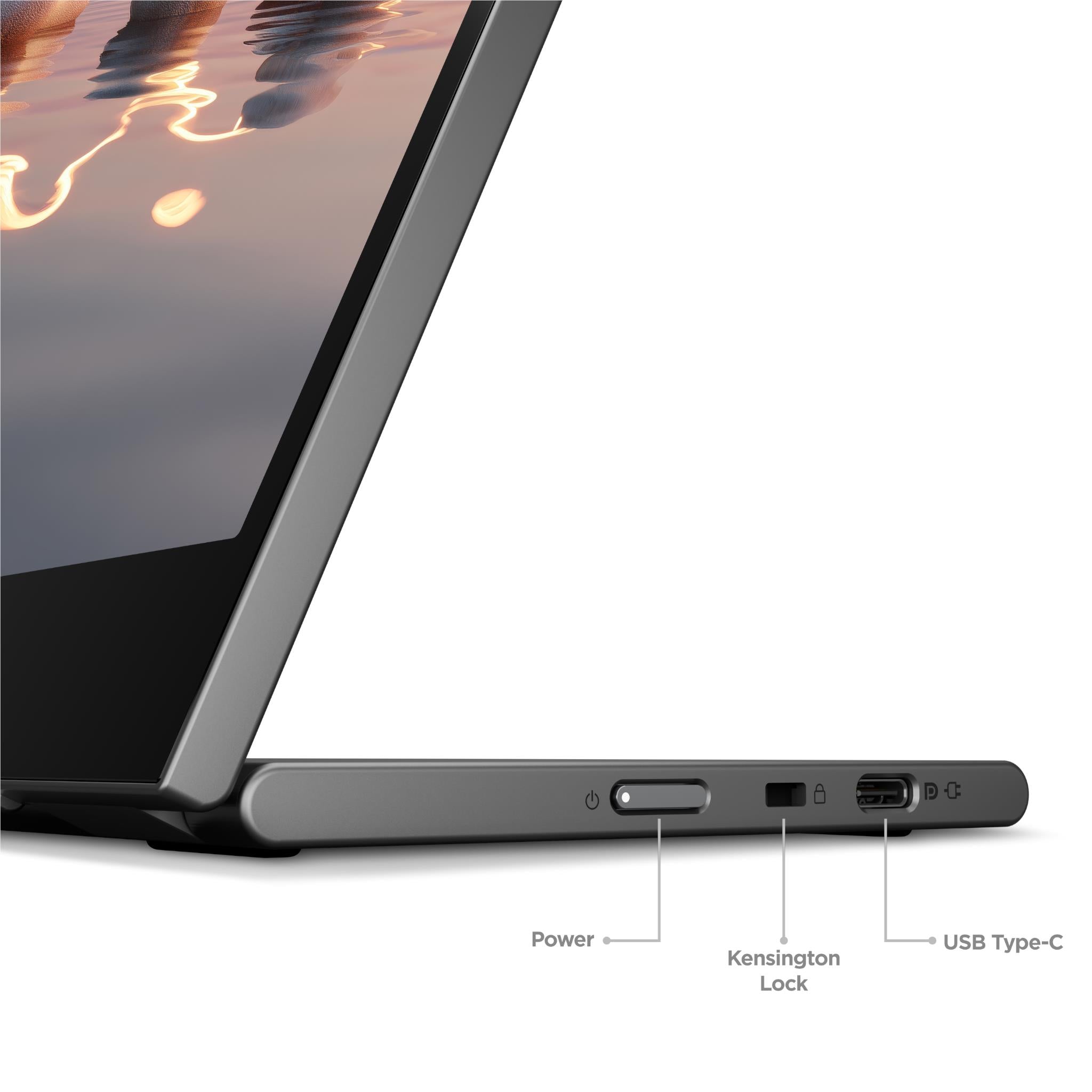 Side ports on 16-inch portable monitor: power and USB Type-C, Kensington lock