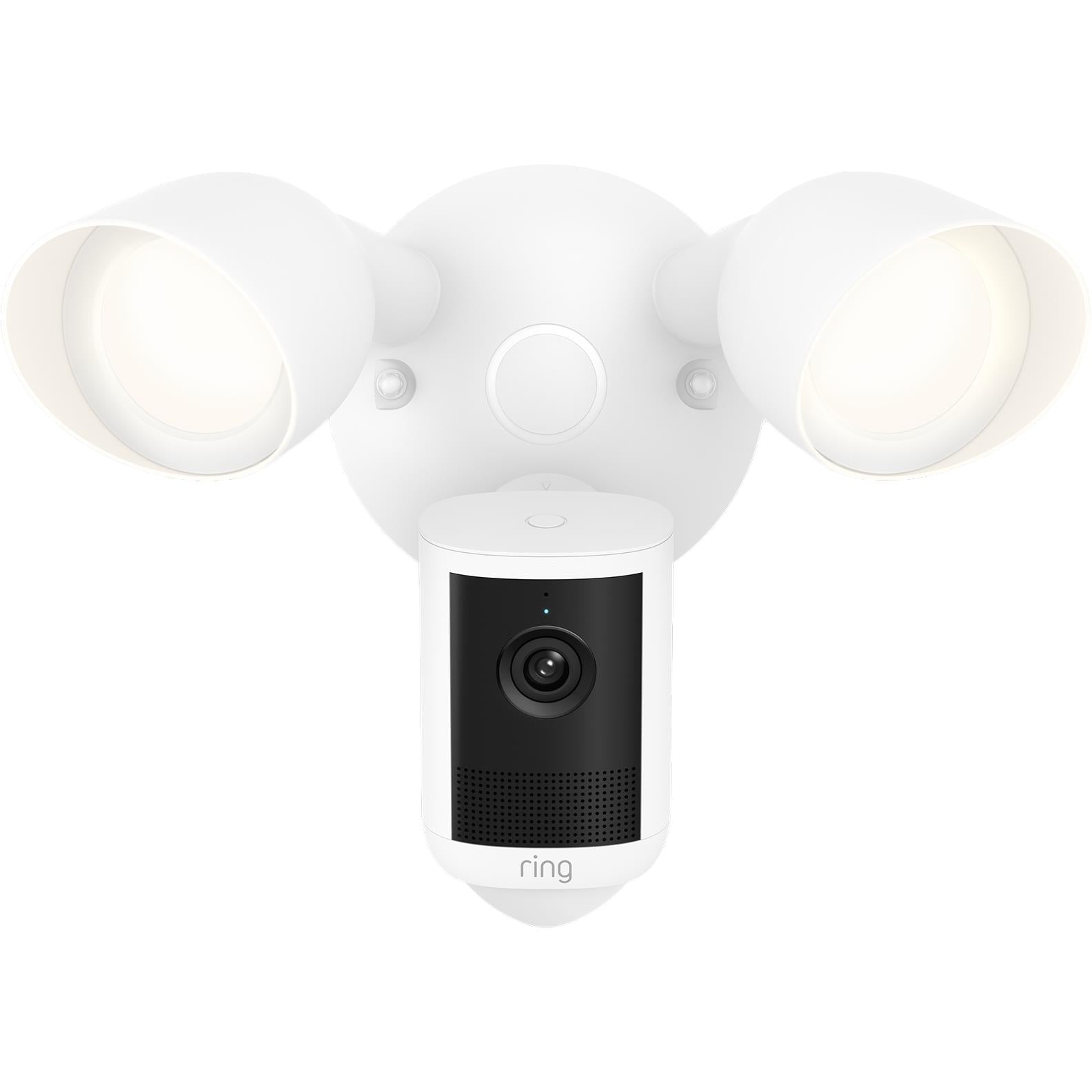 White wired outdoor floodlight camera with two round spotlights and front camera module