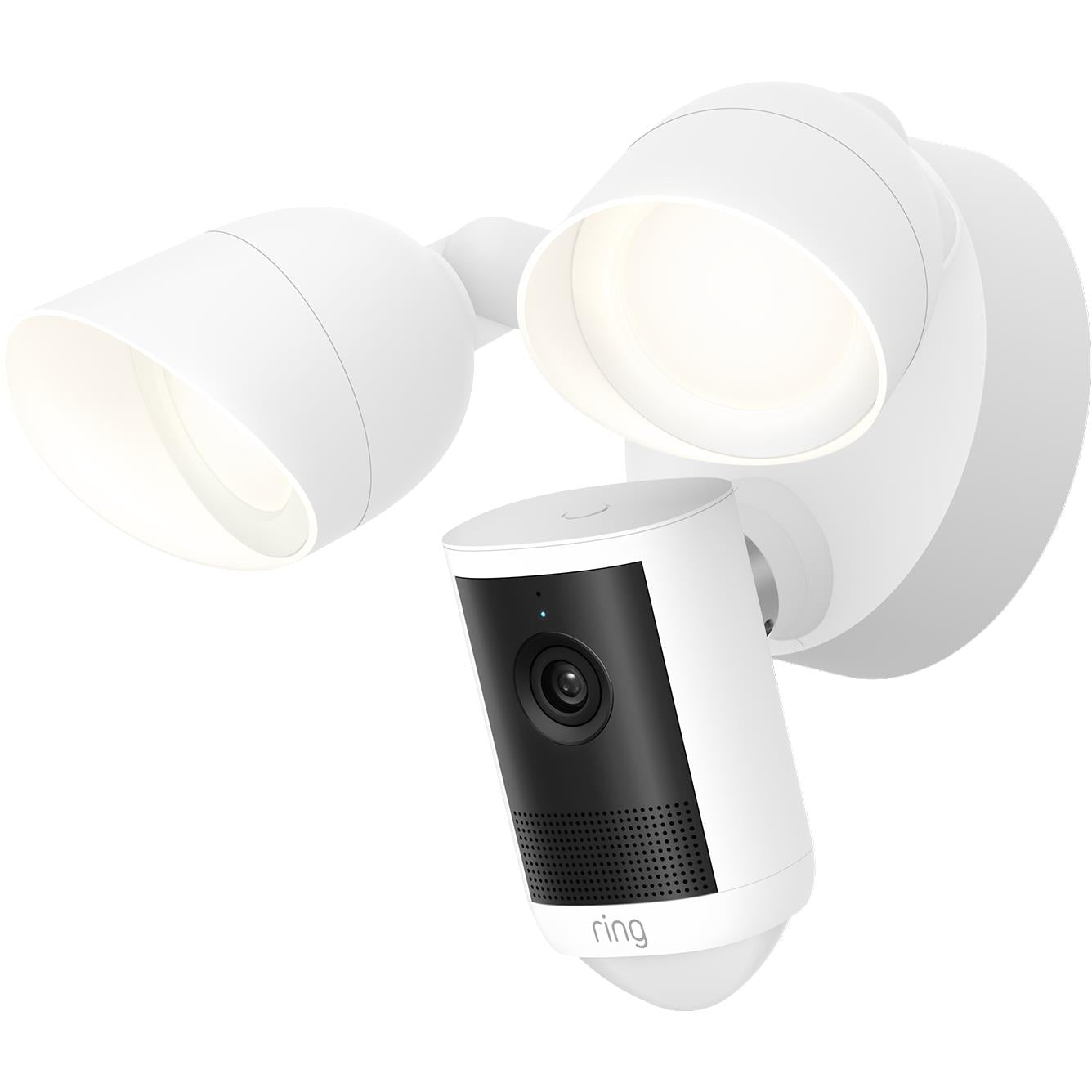 White wired outdoor floodlight camera with two adjustable spotlight heads and black camera panel