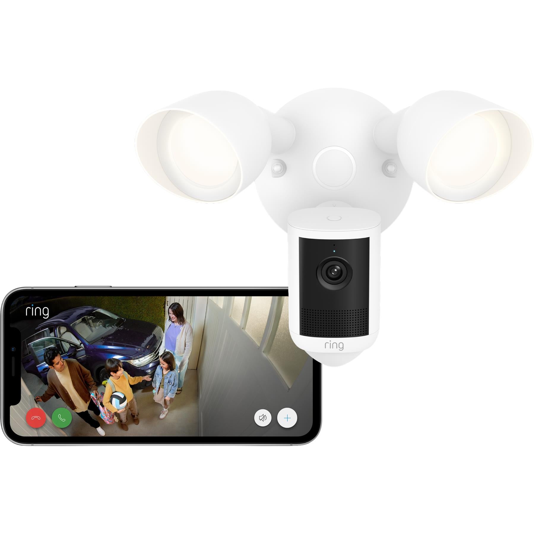 White wired outdoor floodlight camera with two spotlight heads and front black camera module