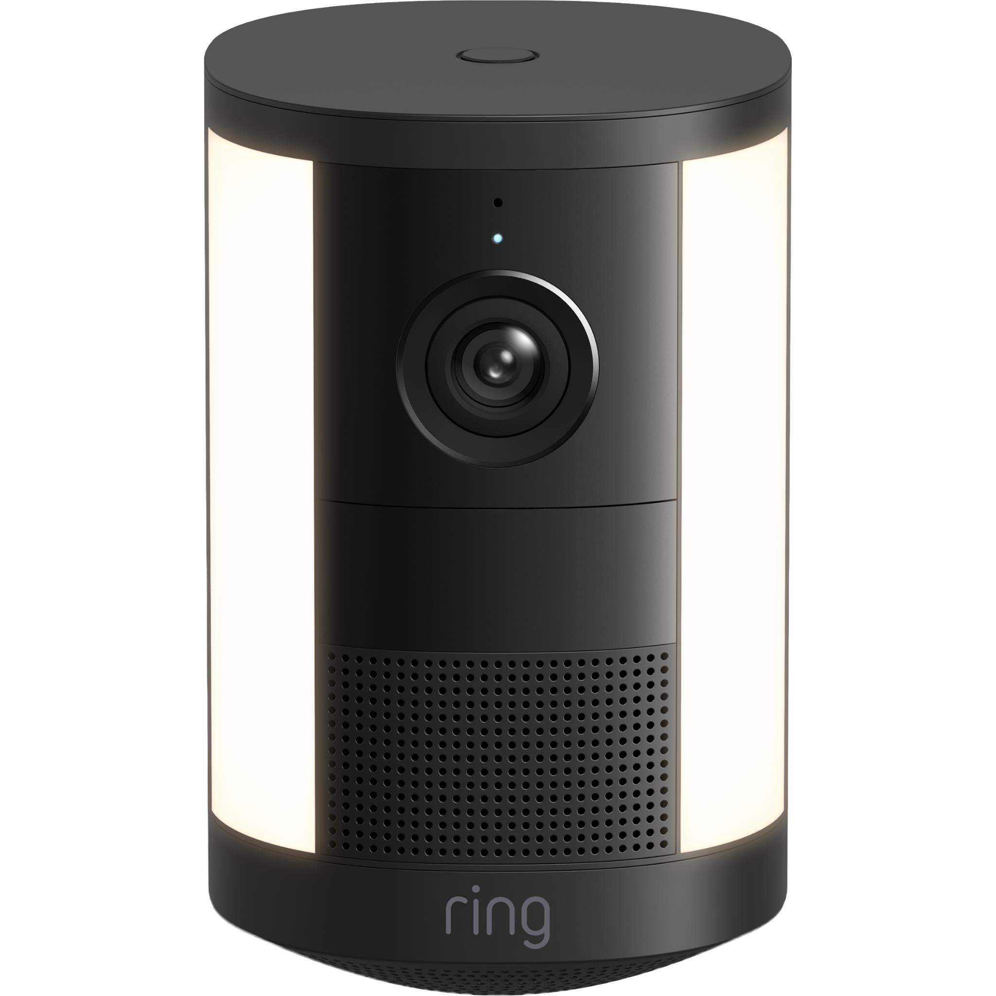 Black ring spotlight camera with front lens and speaker grille