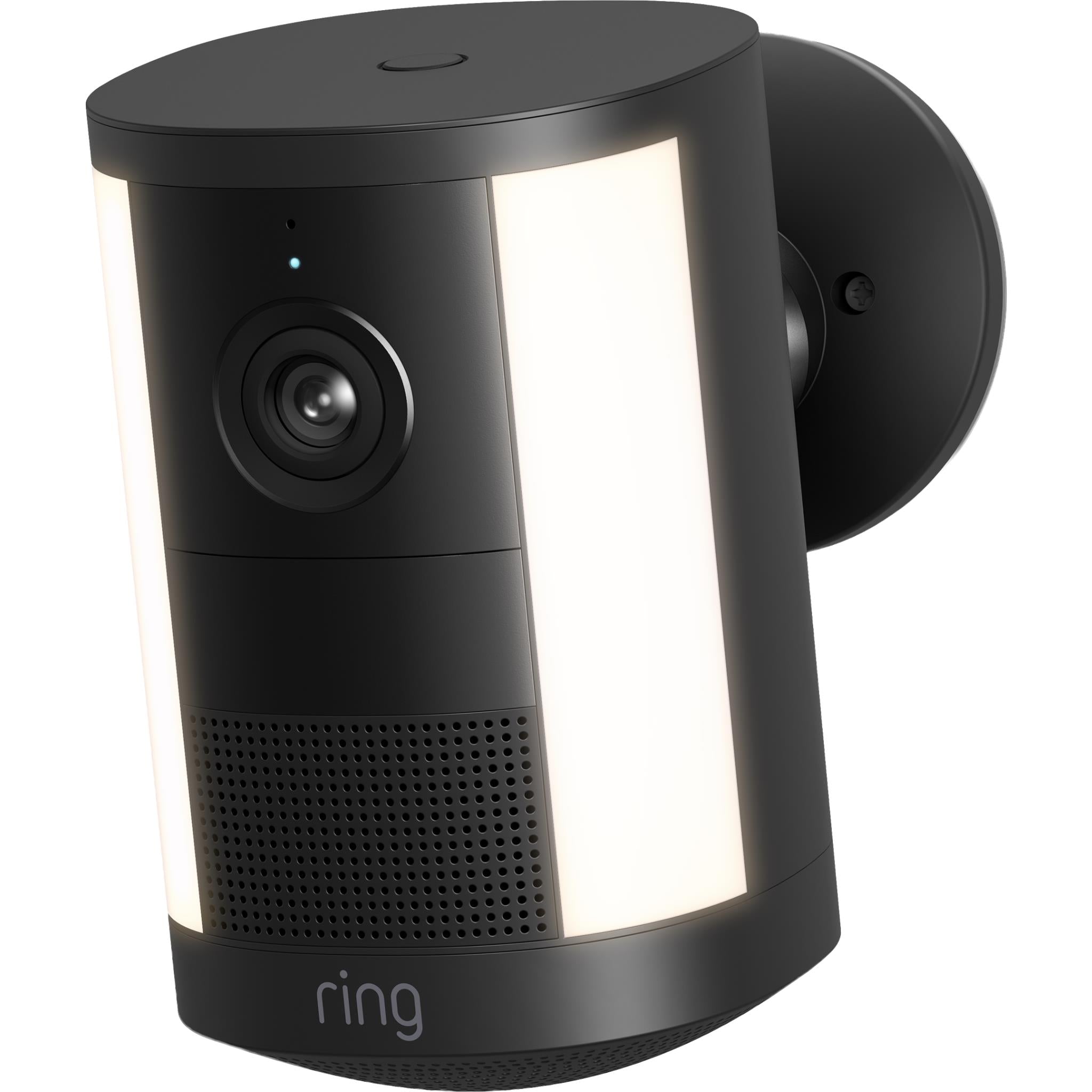 Black ring spotlight camera angled view with circular side mount