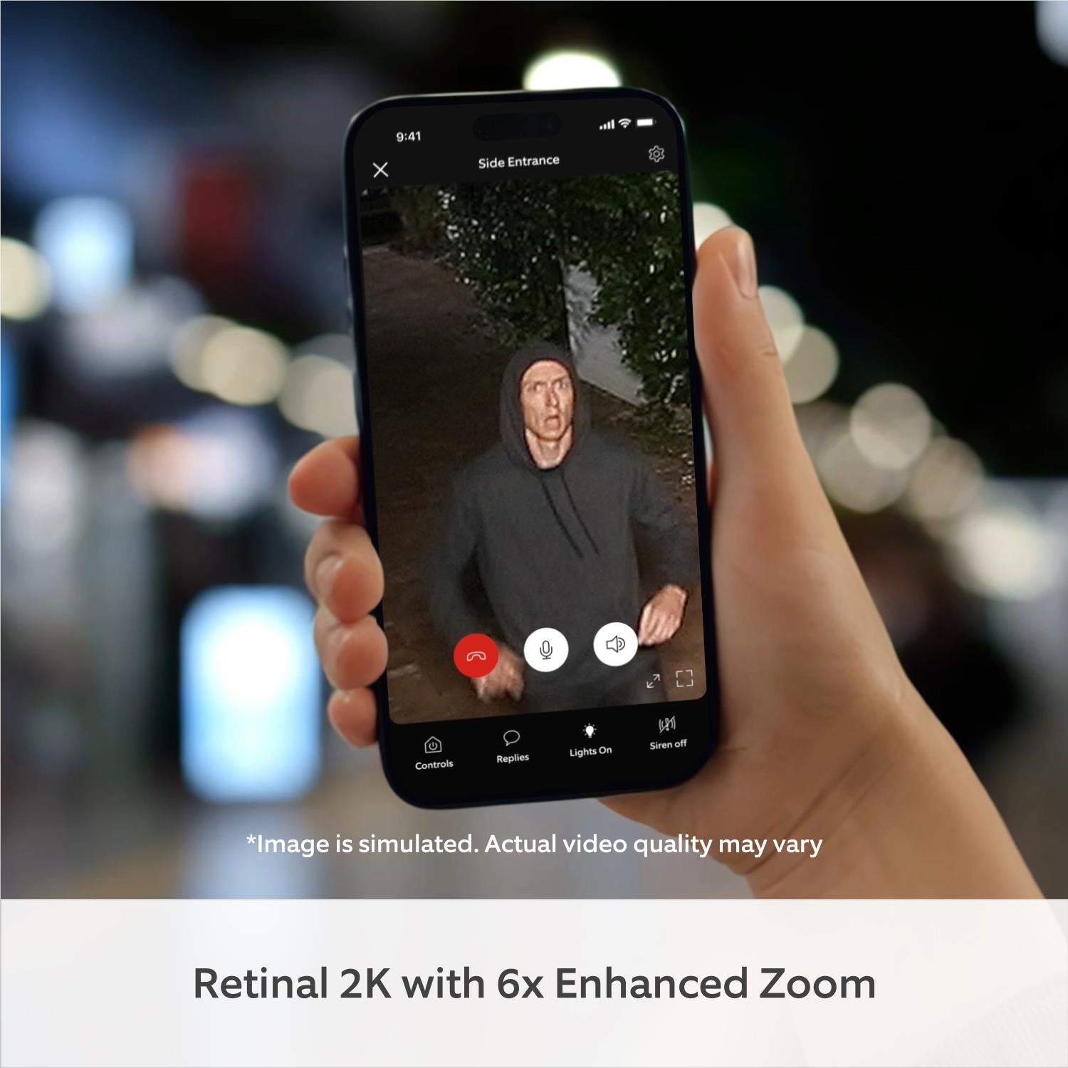 Smartphone displaying ring camera video with on-screen call and control buttons