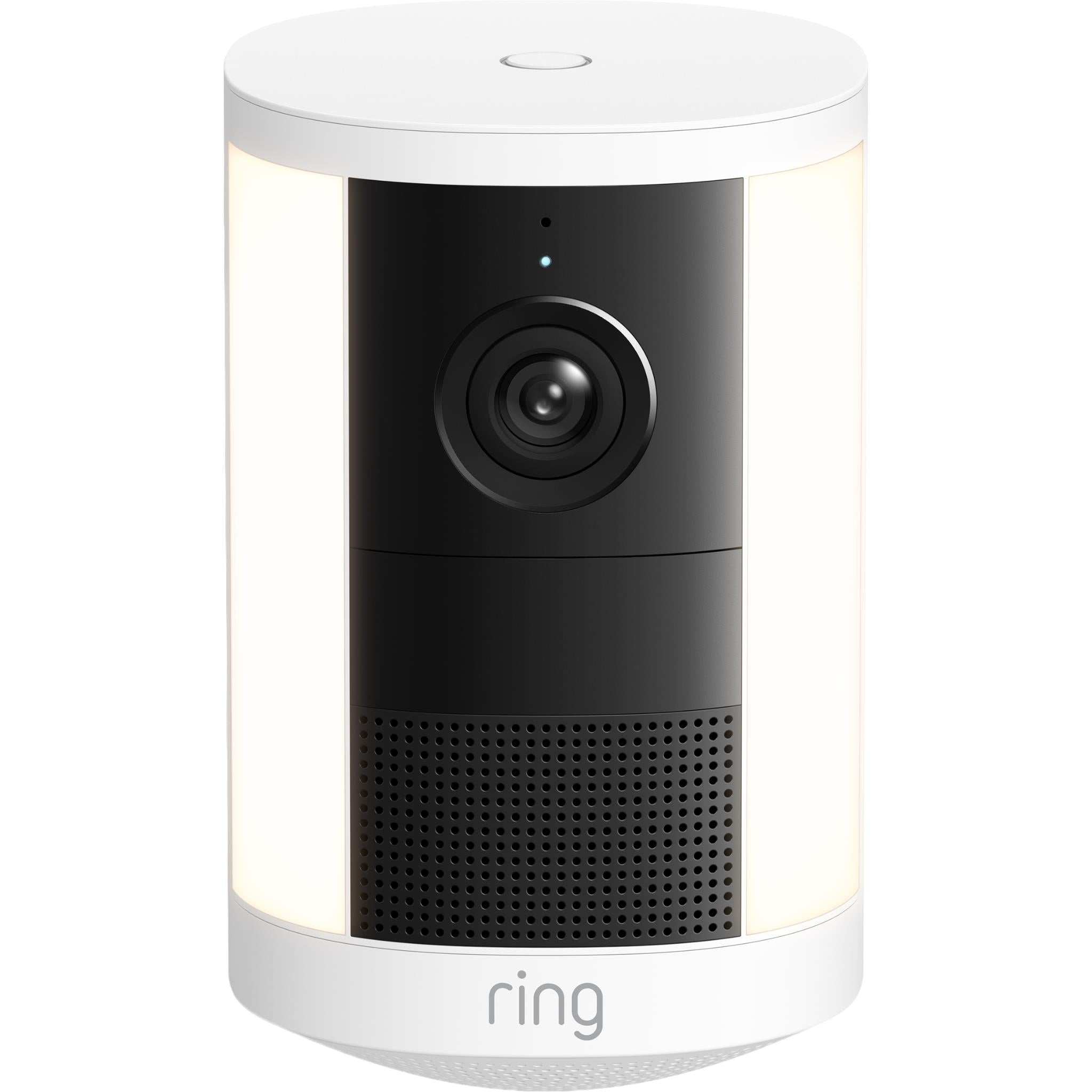 White Ring wireless spotlight security camera with front lens and speaker grille.