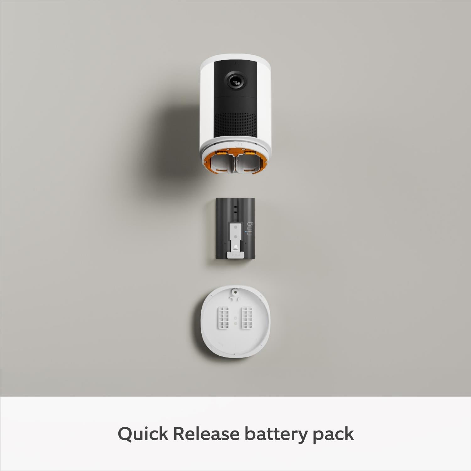 Ring wireless spotlight camera with quick-release battery pack components shown.