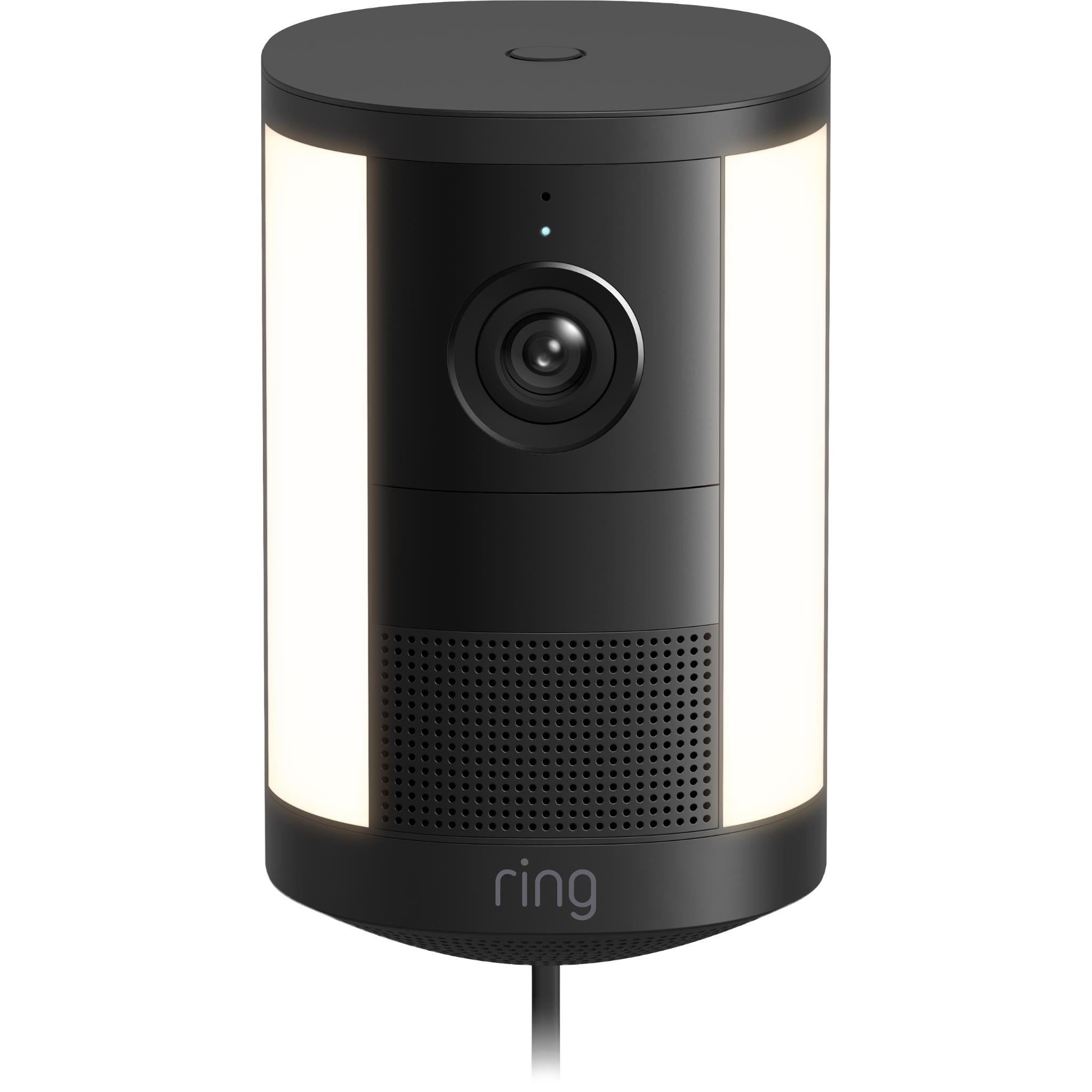 Black ring spotlight security camera with front lens and glowing side light strips