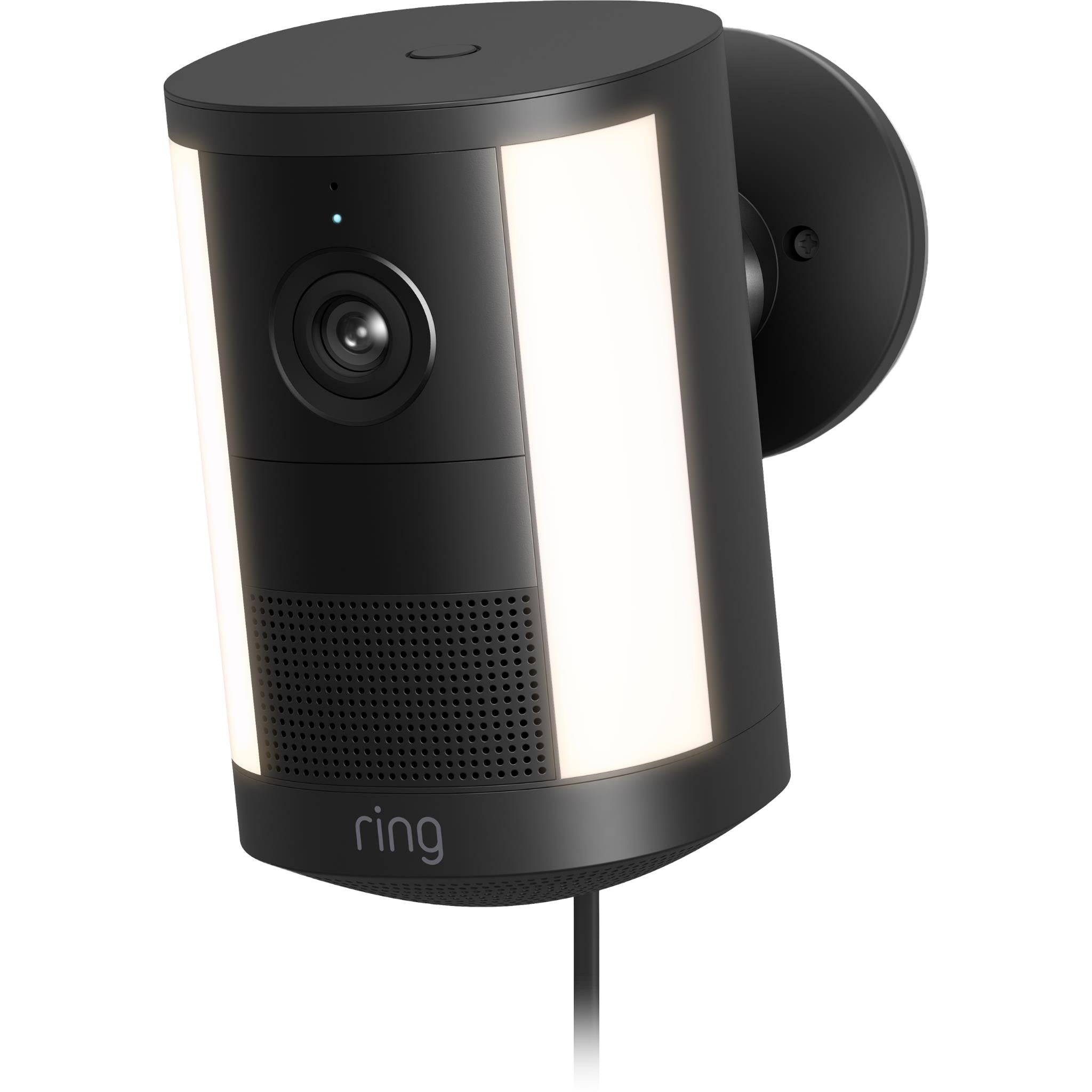 Black ring spotlight security camera with wall mount and front lens, angled view