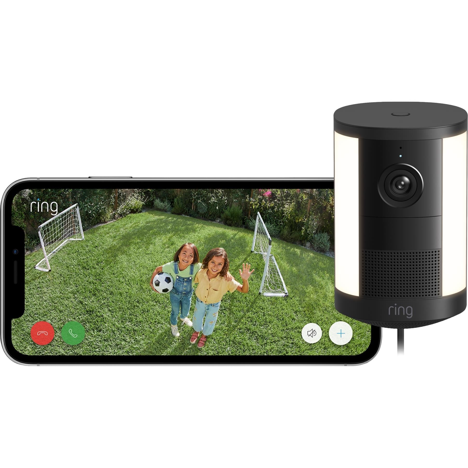 Black ring spotlight camera next to a smartphone displaying a live video view