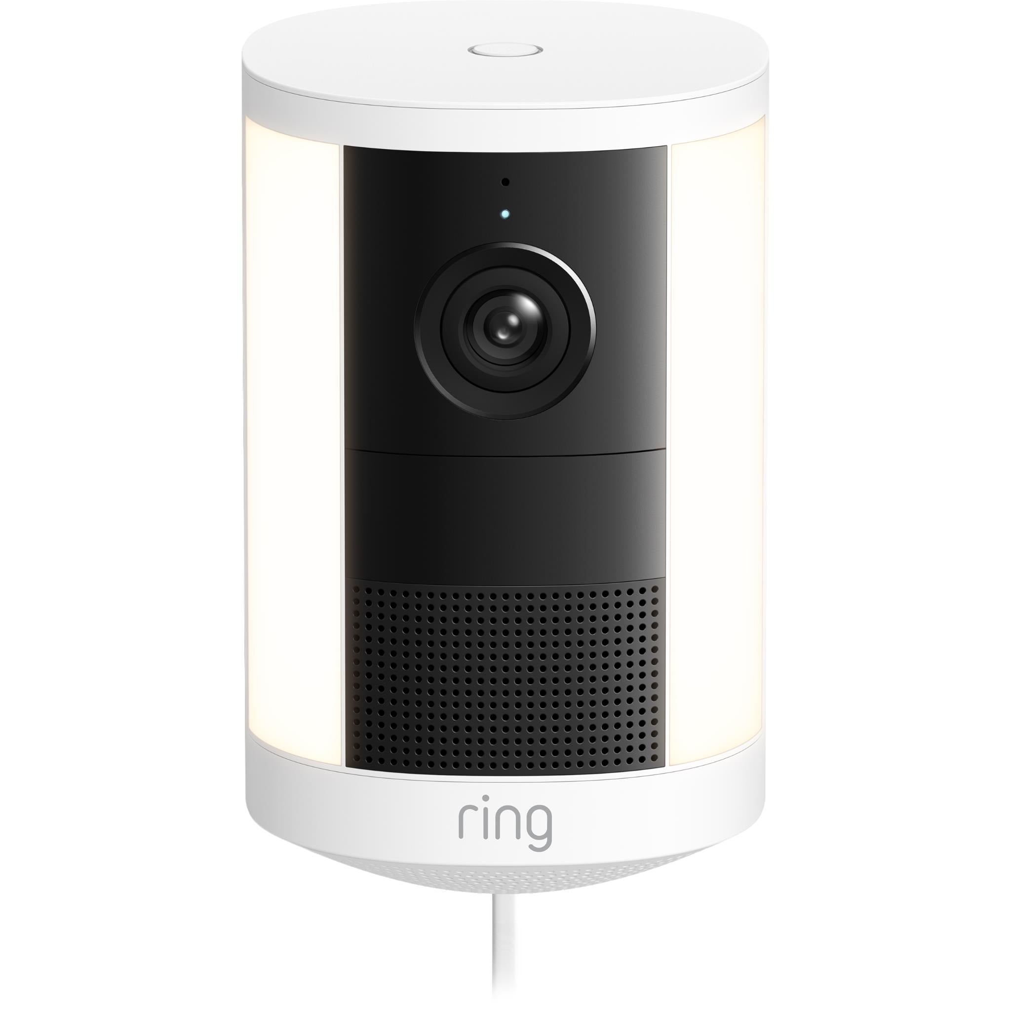 White spotlight security camera with front lens and speaker grille, cylindrical body
