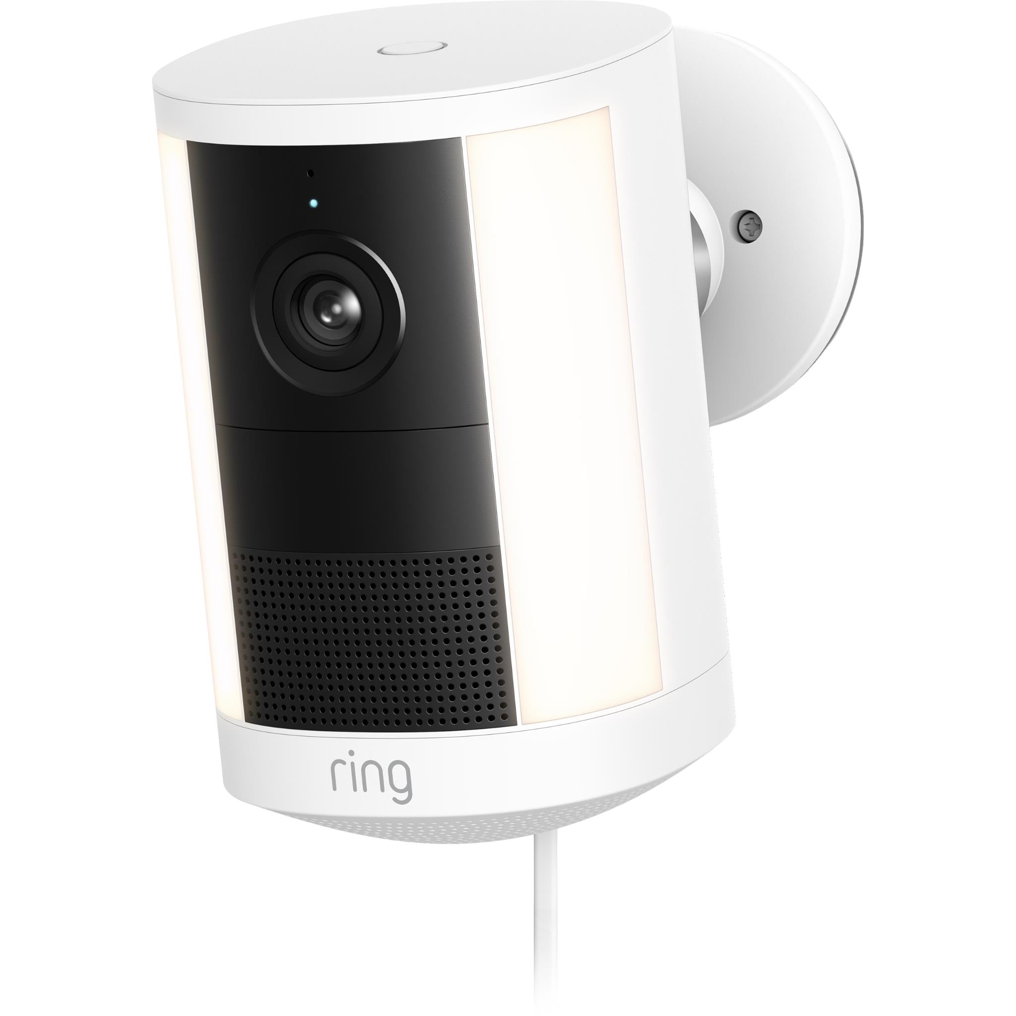 White cylindrical spotlight security camera with wall mount bracket and side profile