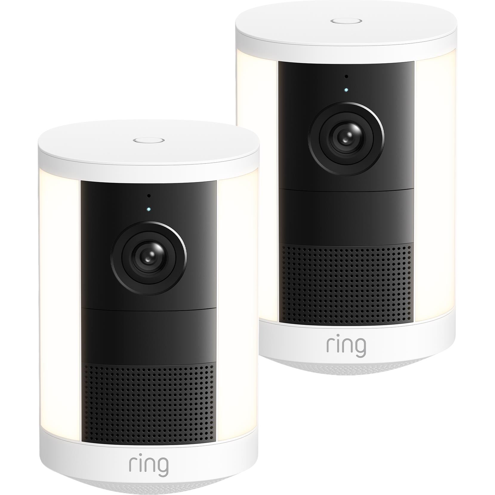 White spotlight security camera with lens and speaker grille