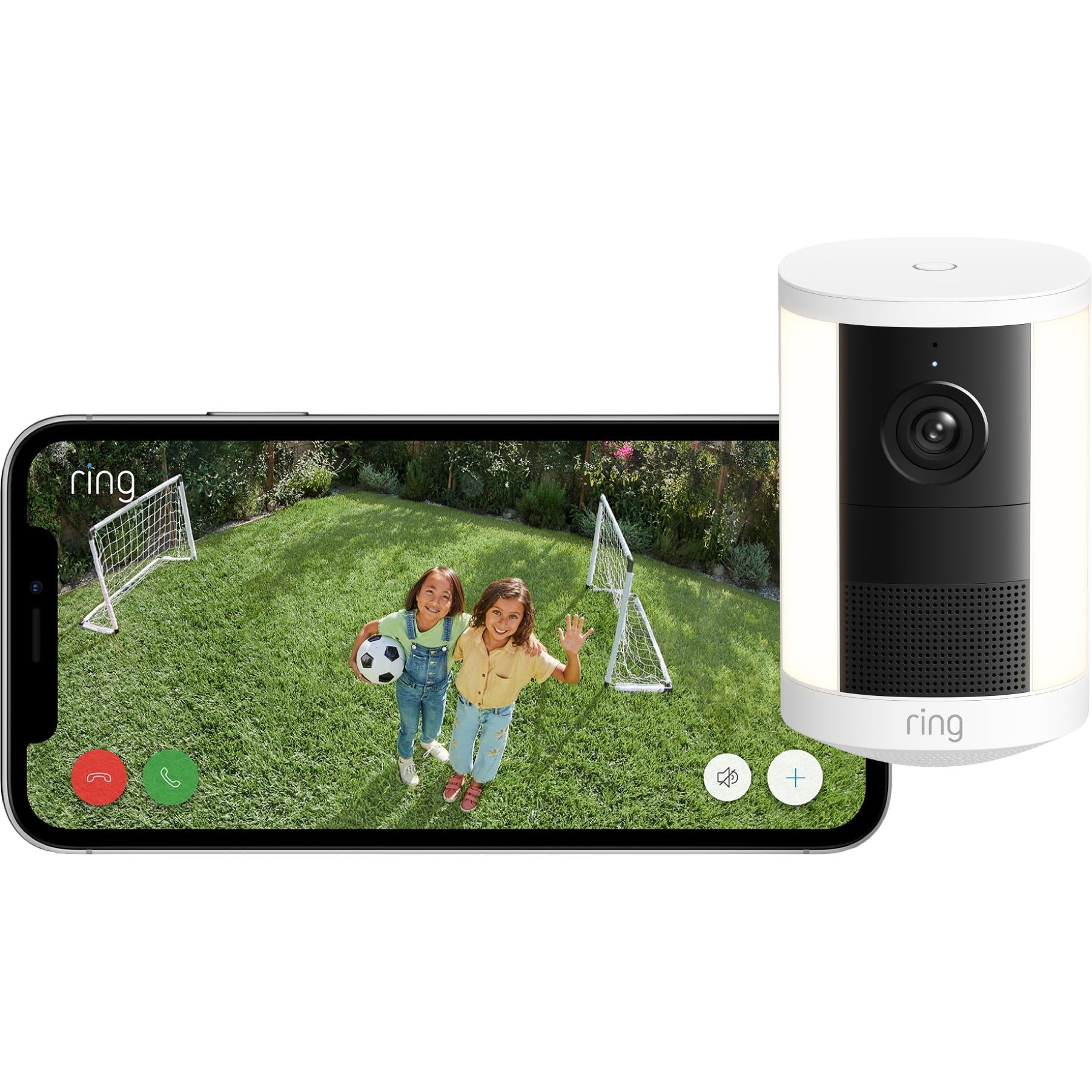 White spotlight security camera with smartphone showing live view