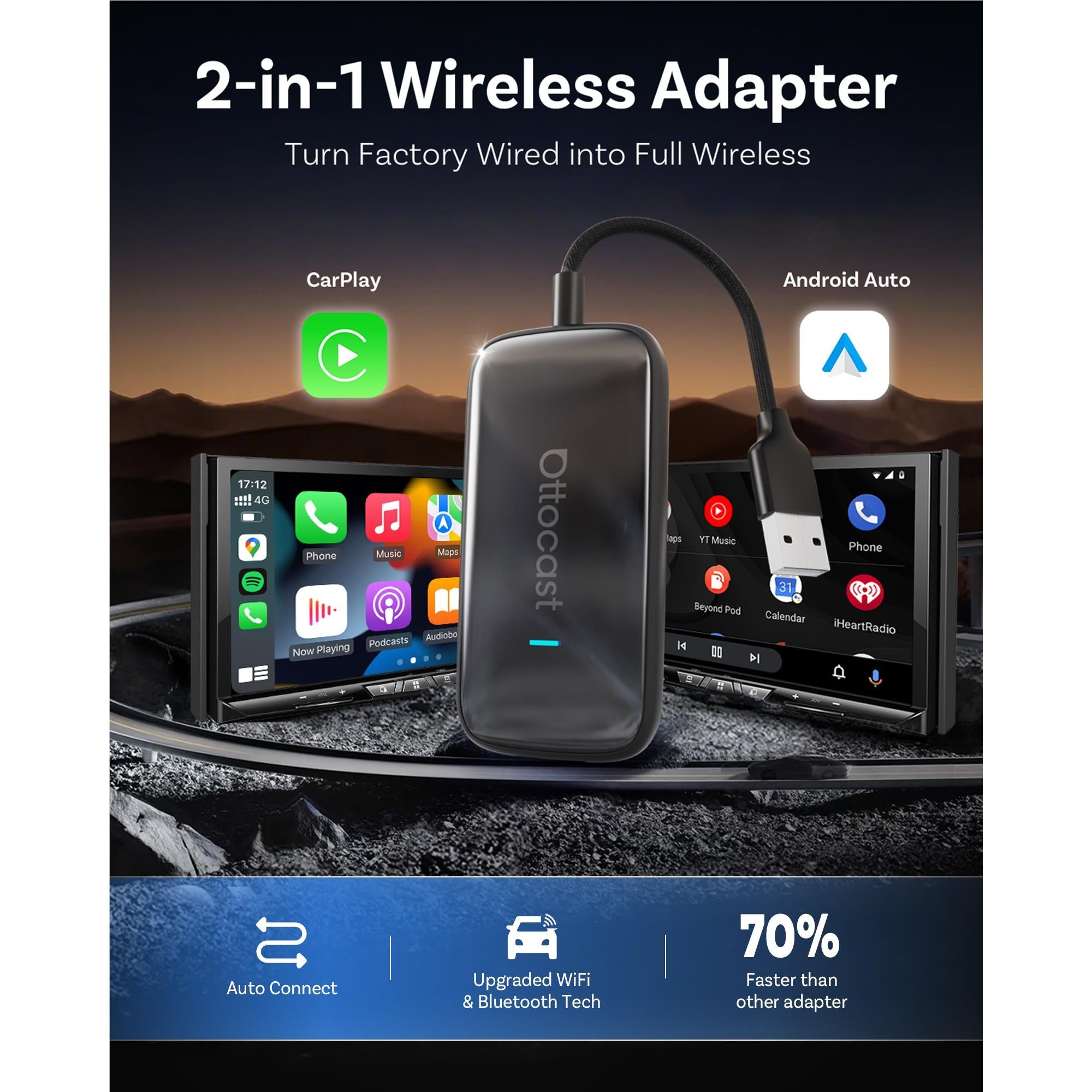 Wireless adapter box with glowing blue LED and connected USB cable