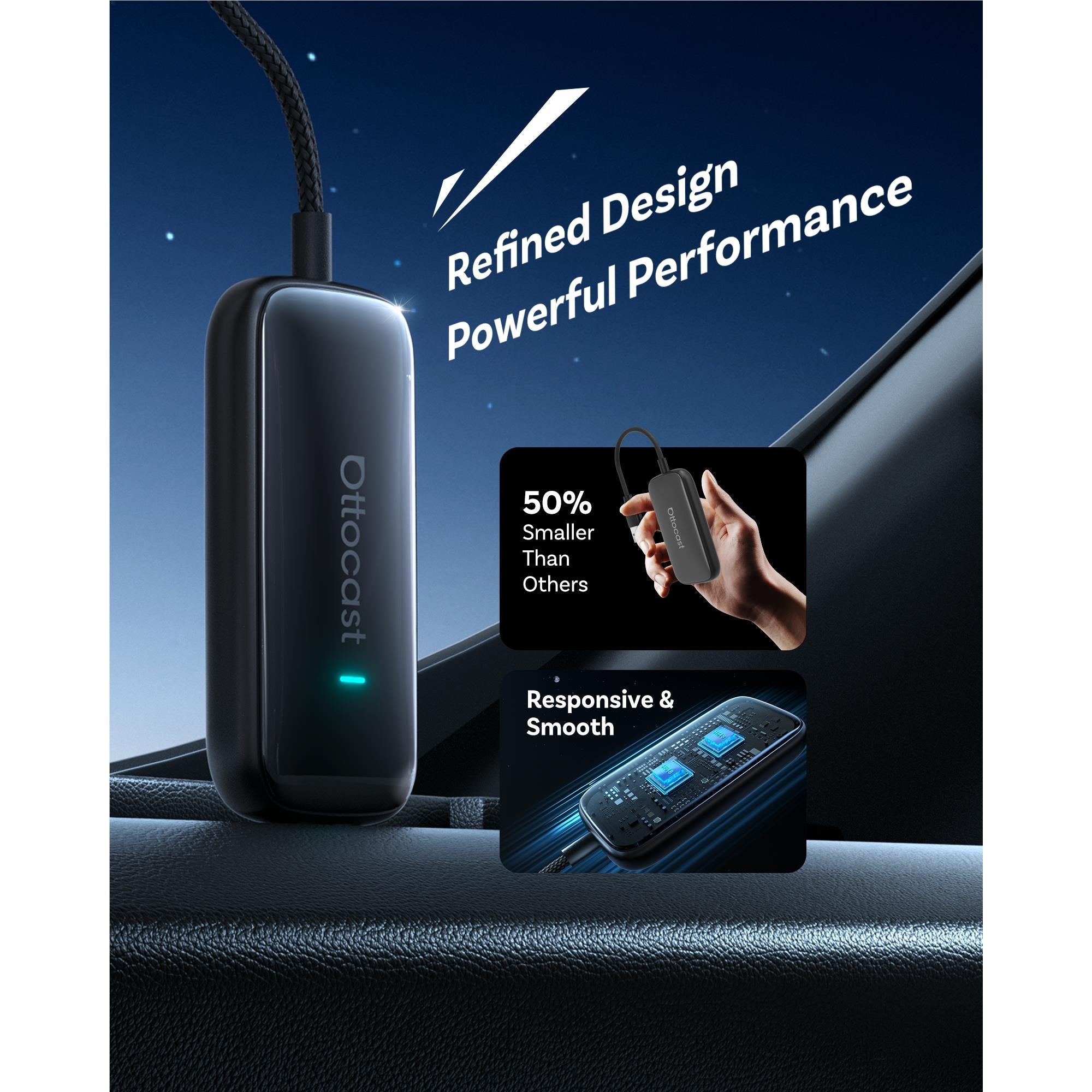 Wireless adapter box with blue status light and braided USB cable for car