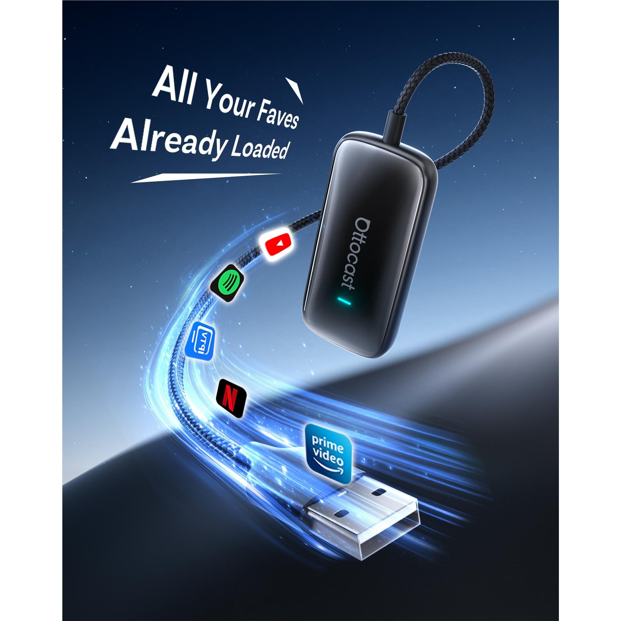 Wireless adapter box with glowing blue LED and USB cable plug