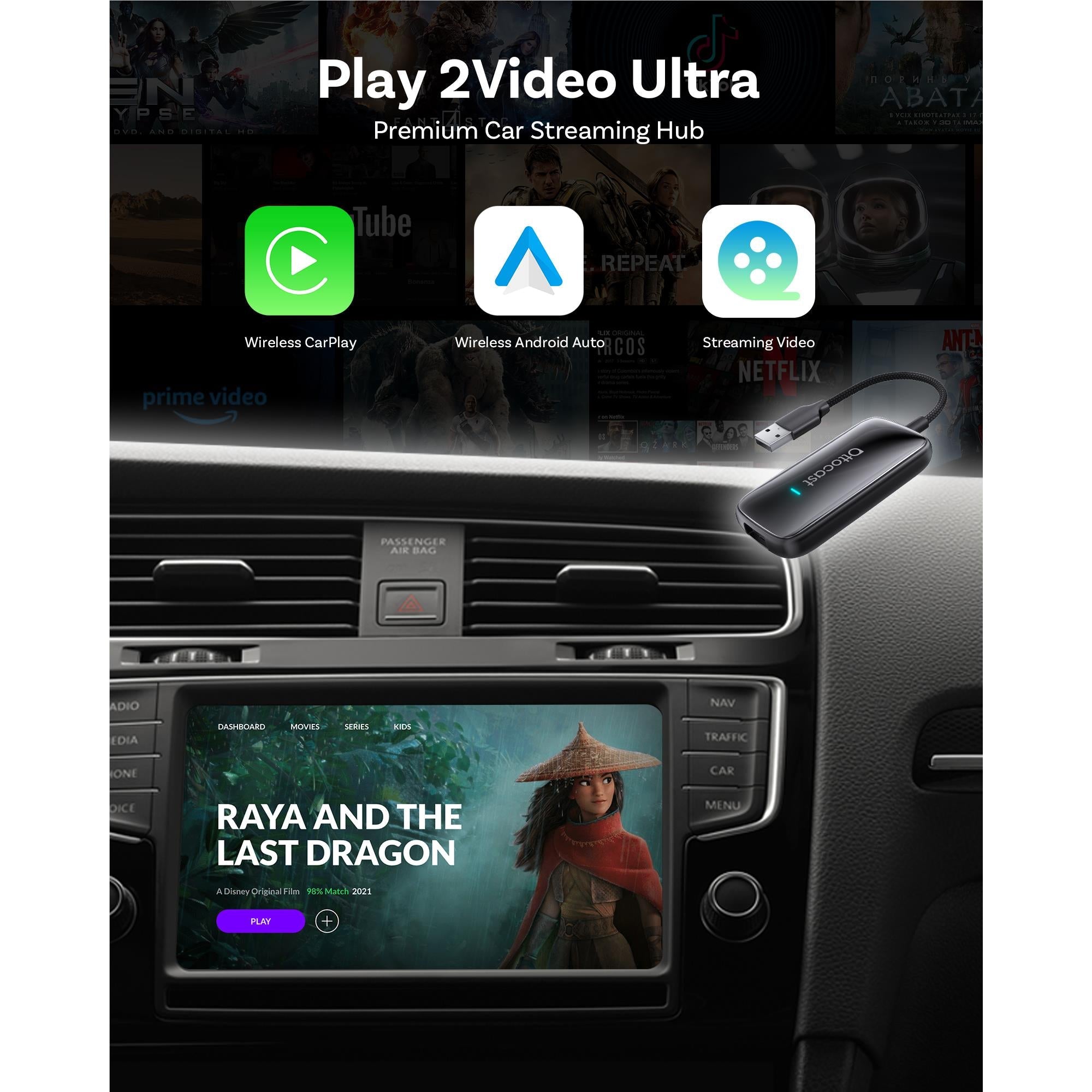Wireless CarPlay adapter box with built-in status LED and USB connection