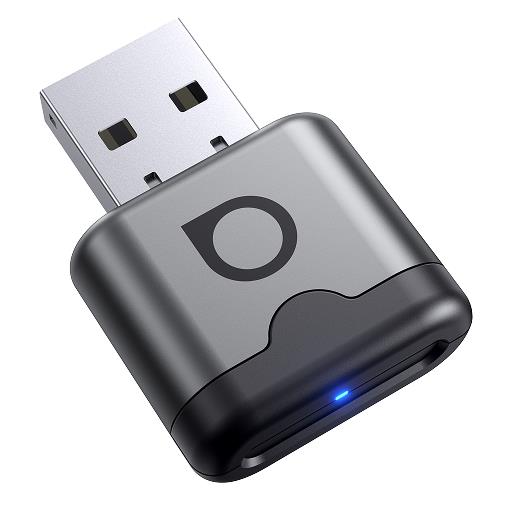 Wireless CarPlay adapter with black body, circular icon, and USB-A plug
