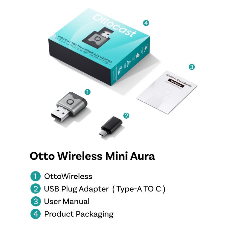 Ottocast Mini Aura wireless adapter kit with packaging and user manual