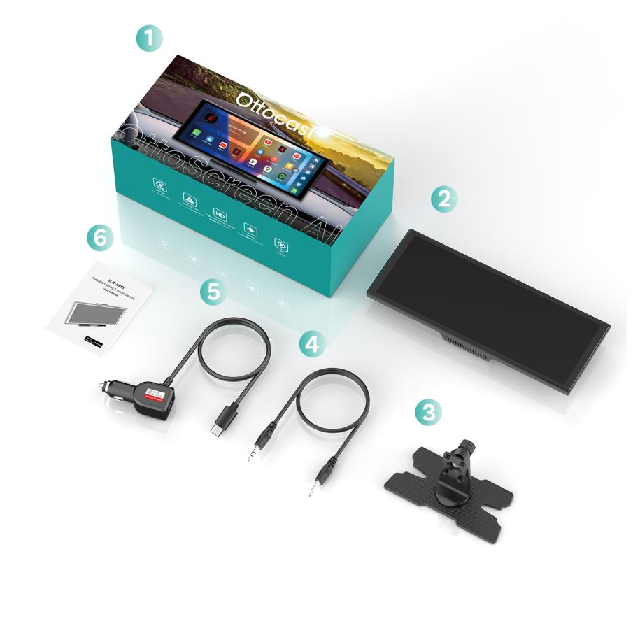 11.4-inch smart car display with dark screen and included power and mounting accessories