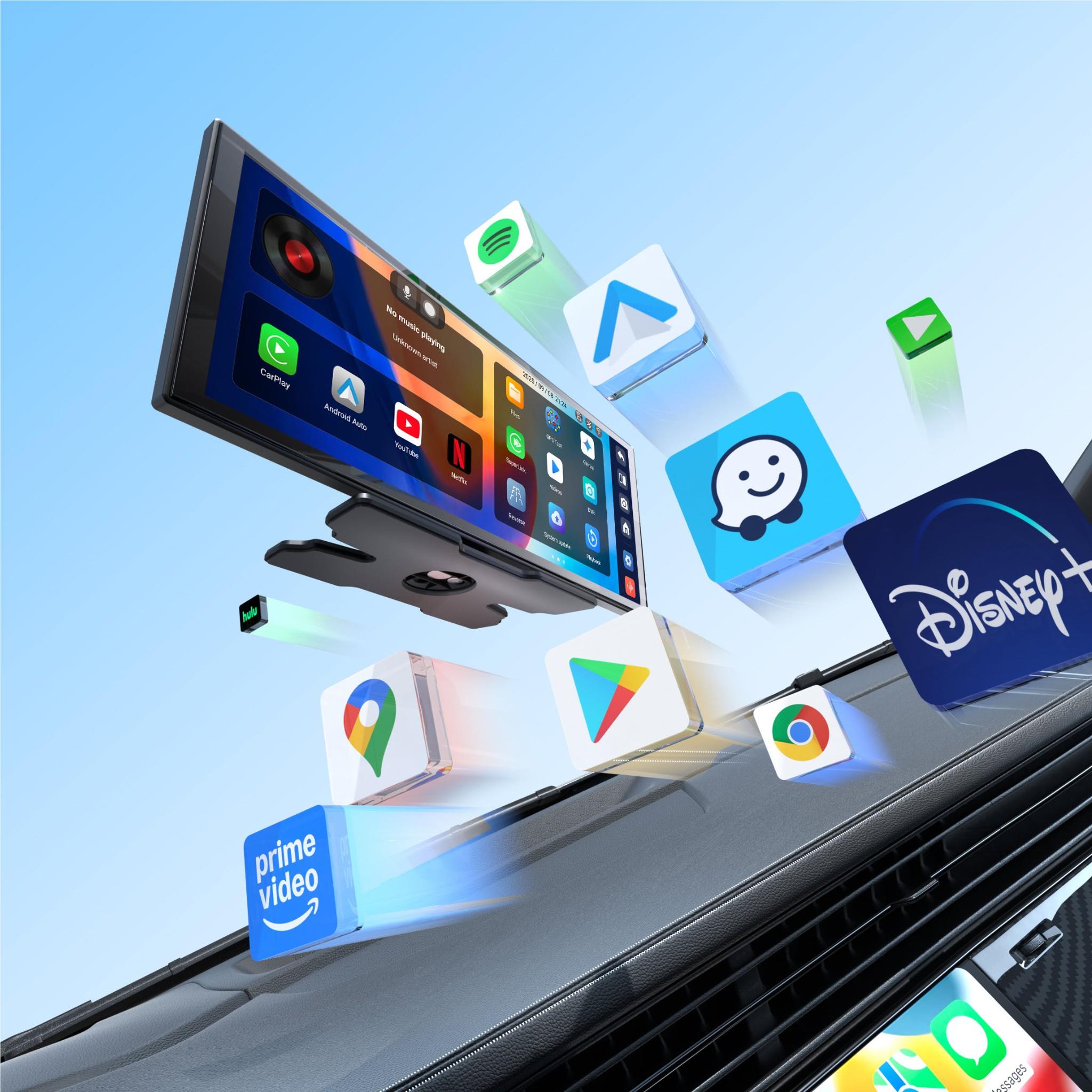 Ottocast 11.4-inch smart car display with floating app icons around the screen