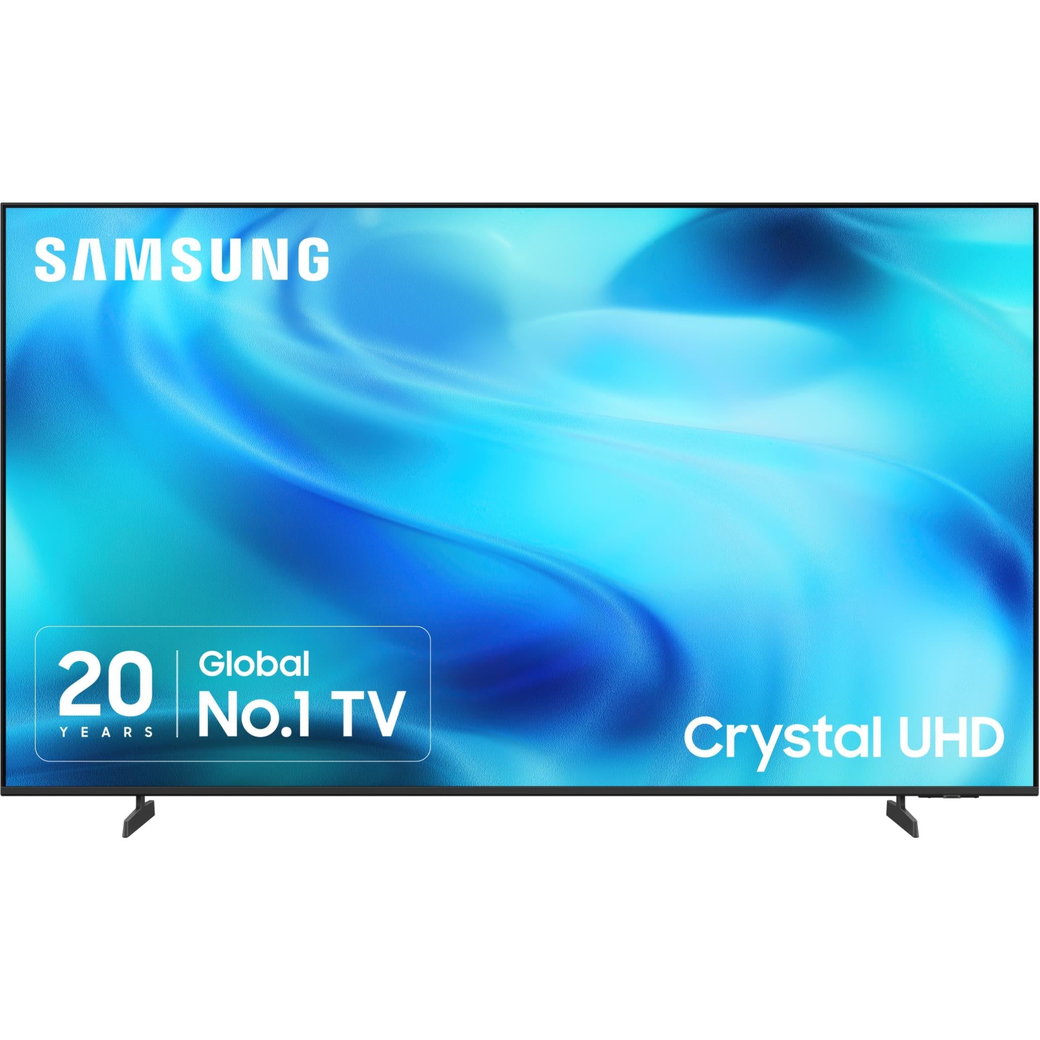 Samsung Crystal UHD 4K smart TV with blue screen and stand