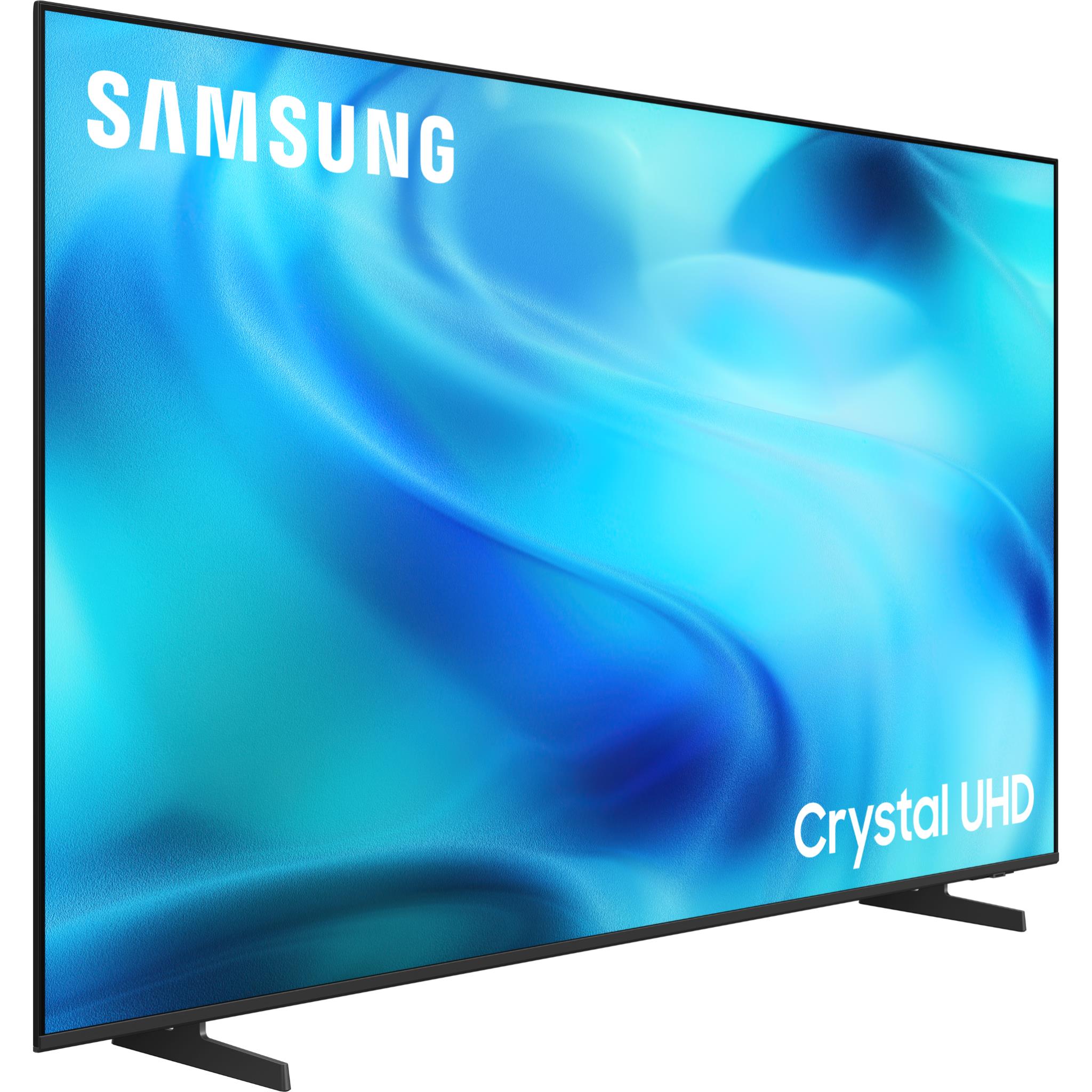 Samsung Crystal UHD 4K smart TV front view with SAMSUNG and Crystal UHD text