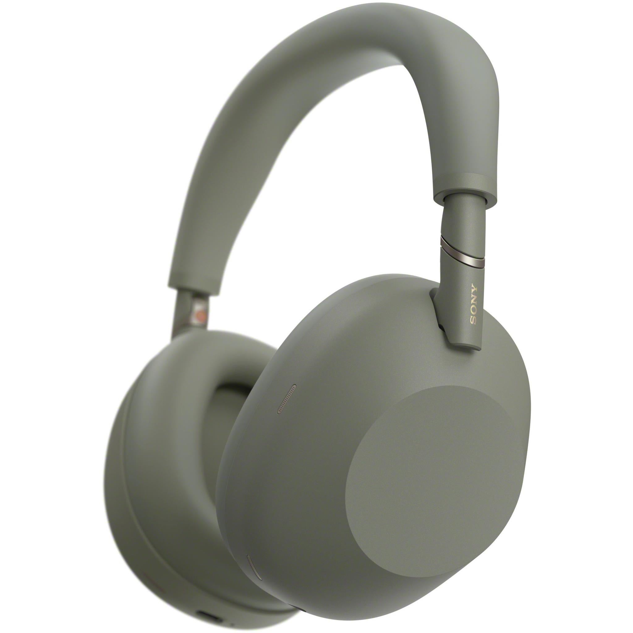 Olive grey over-ear wireless headphones with padded ear cups and adjustable headband.