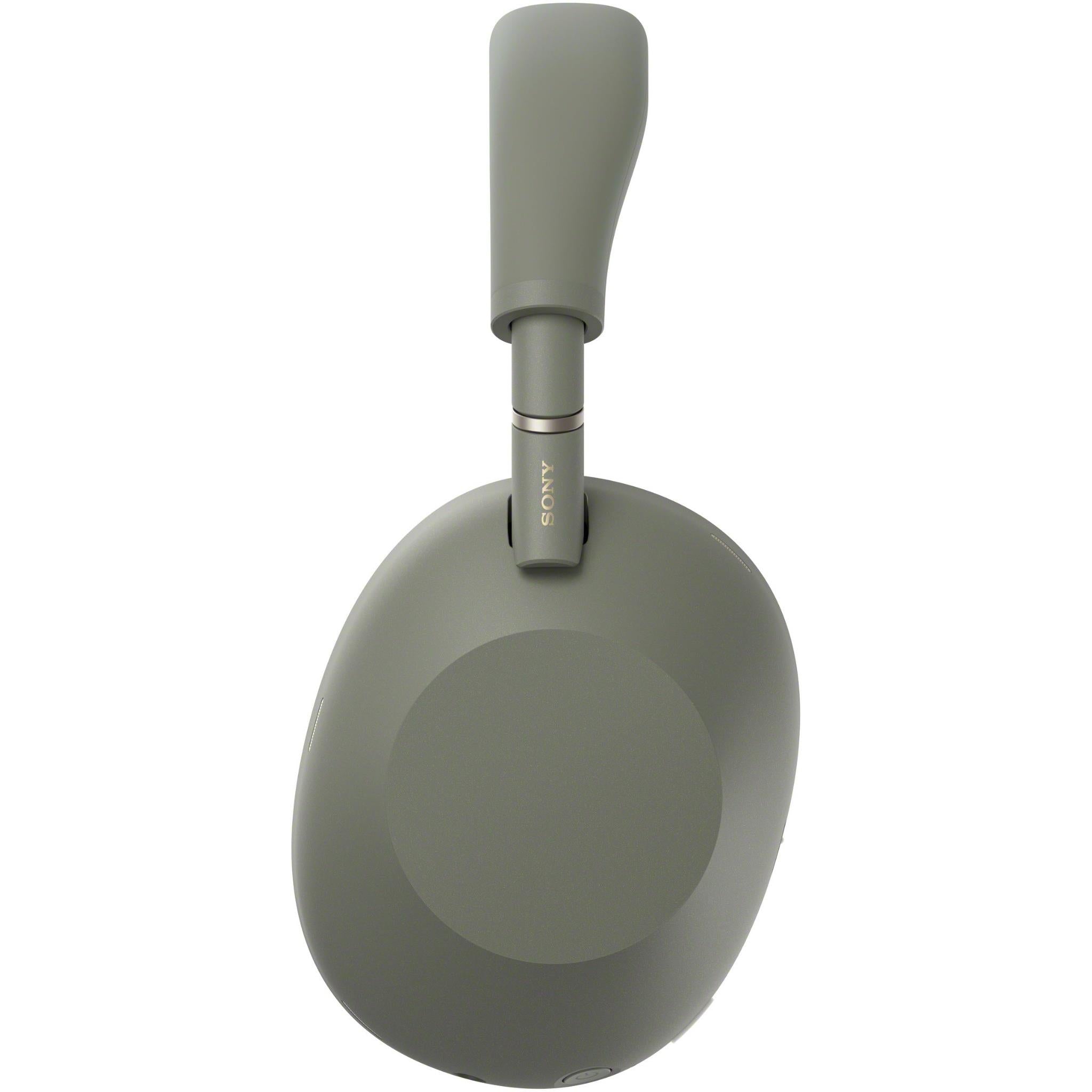 Olive grey over-ear headphones with one cushioned ear cup facing forward and headband.