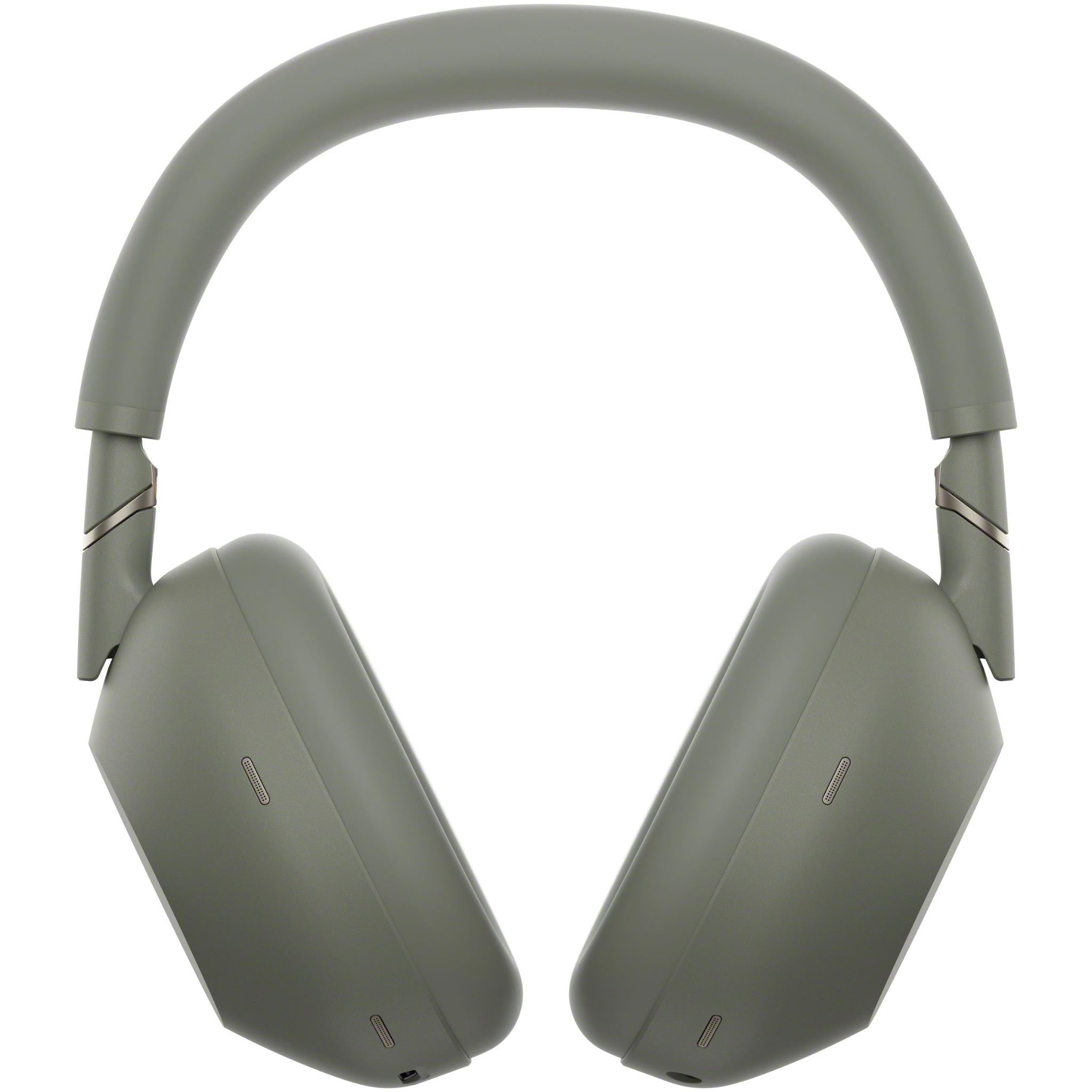 Olive grey over-ear headphones front view with two padded ear cups and headband.
