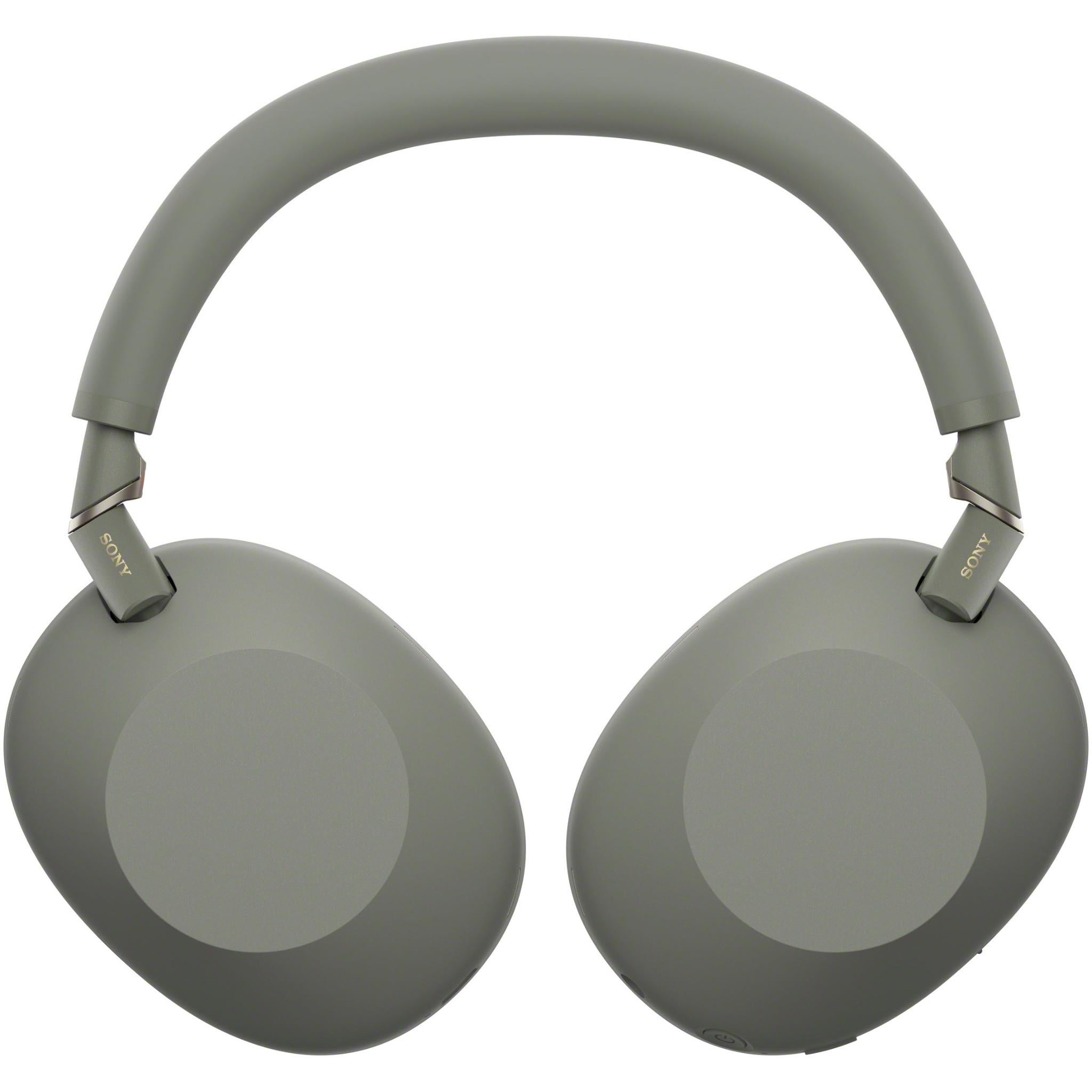 Olive grey over-ear headphones front view with cushioned ear cups and headband straps.