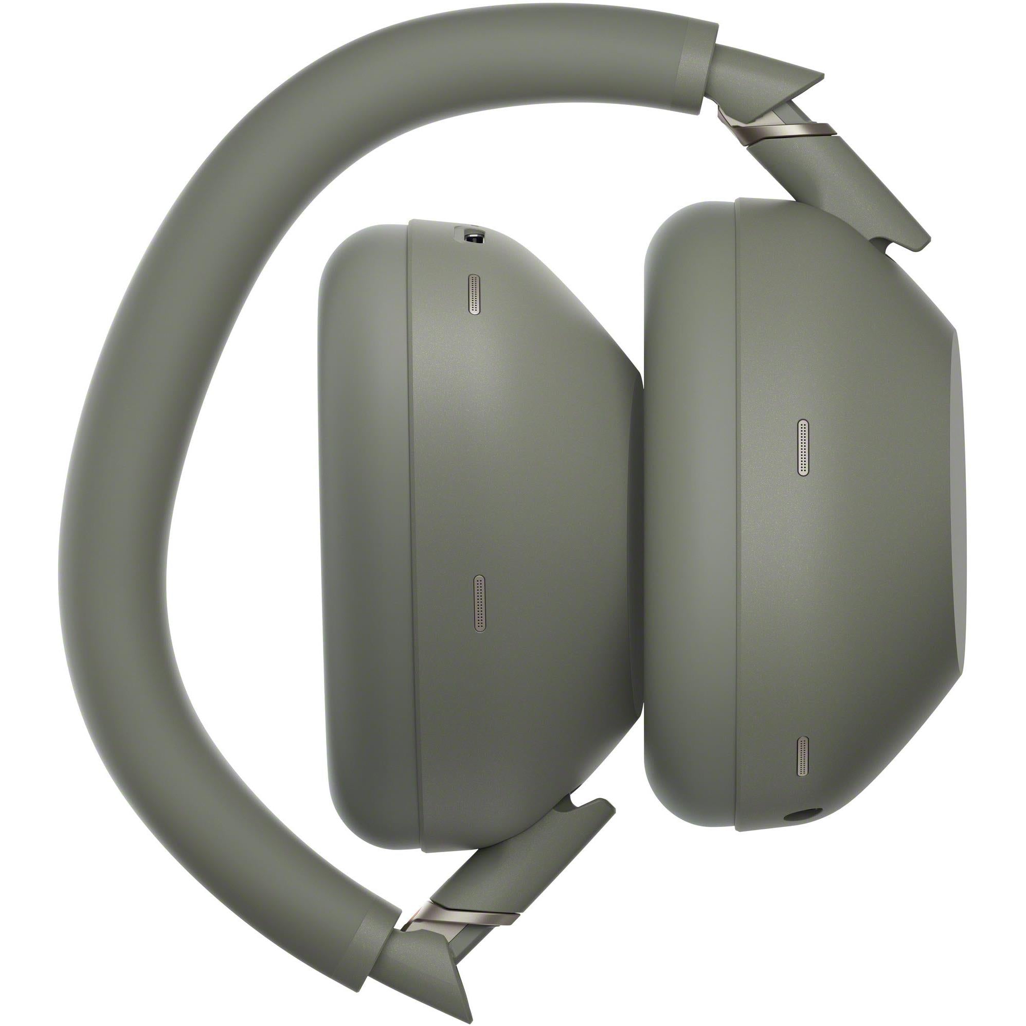 Olive grey over-ear headphones with hinged ear cups and padded headband.