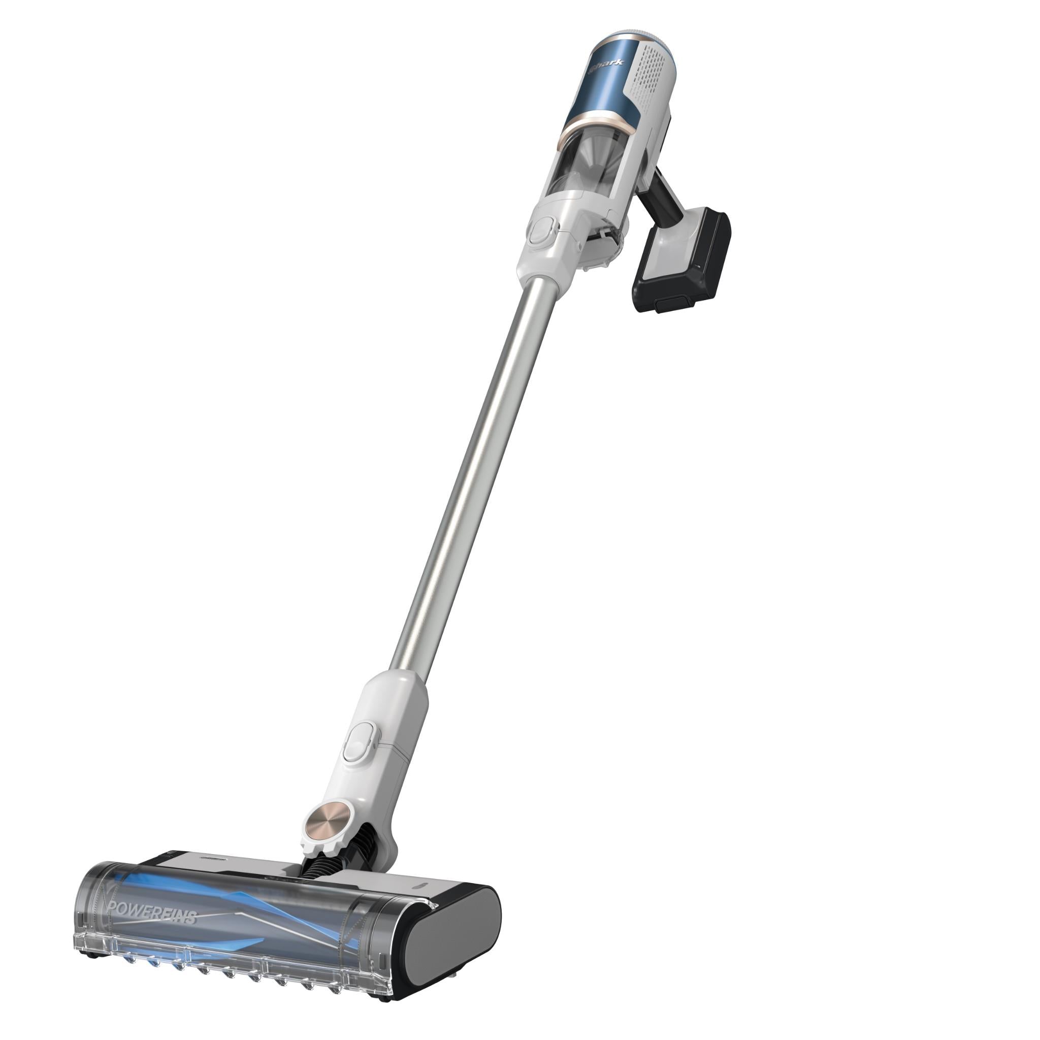 Cordless stick vacuum with blue-accented floor nozzle, gray wand.