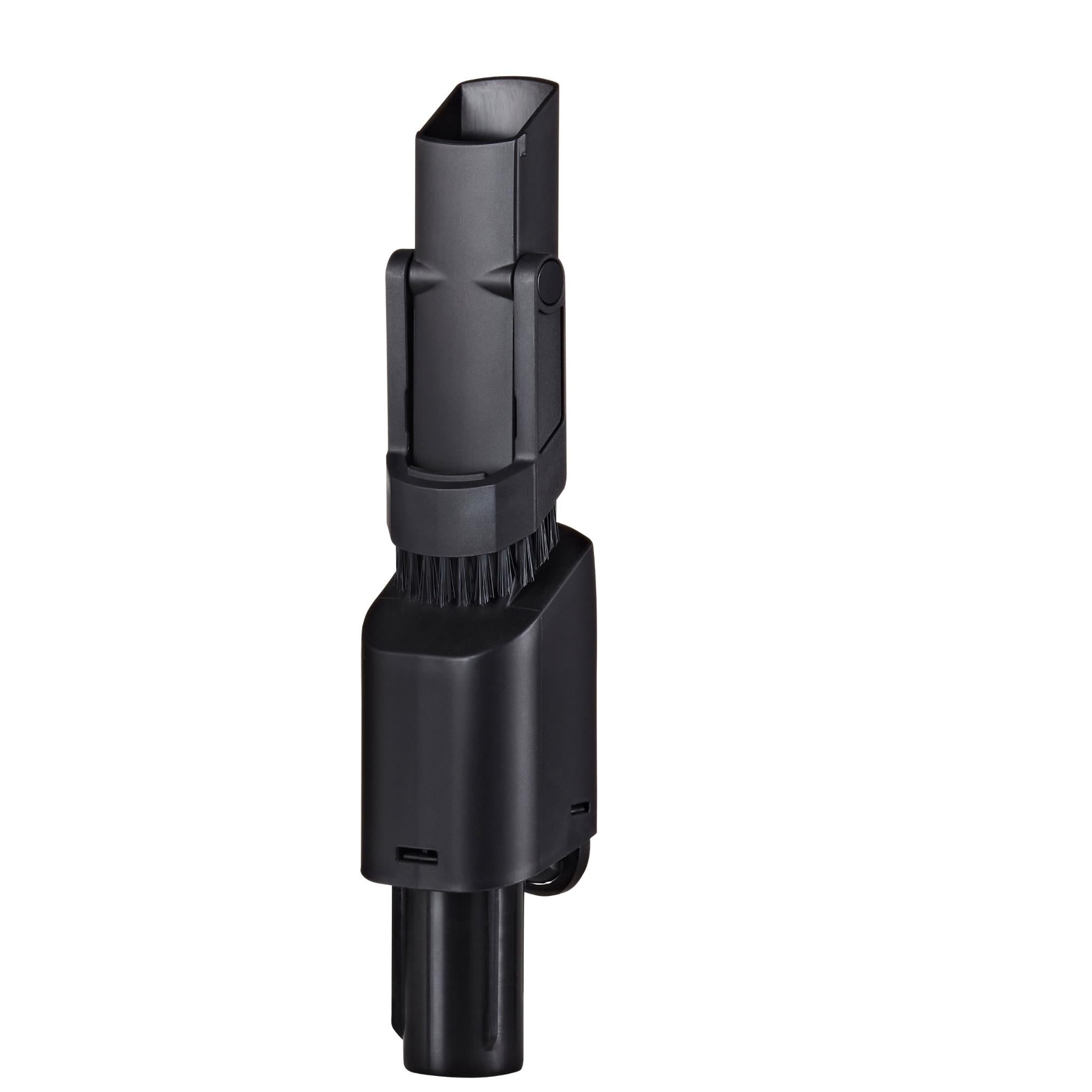 Black floor tool with bristle brush and hinged head.