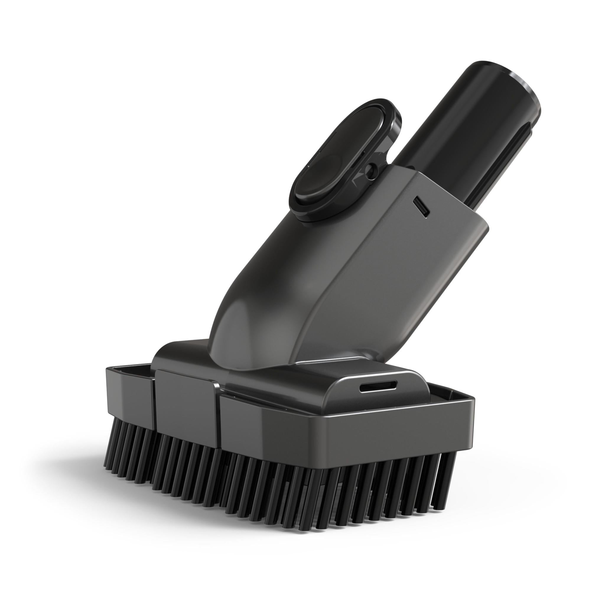 Gray cleaning tool attachment with angled brush head and open nozzle.