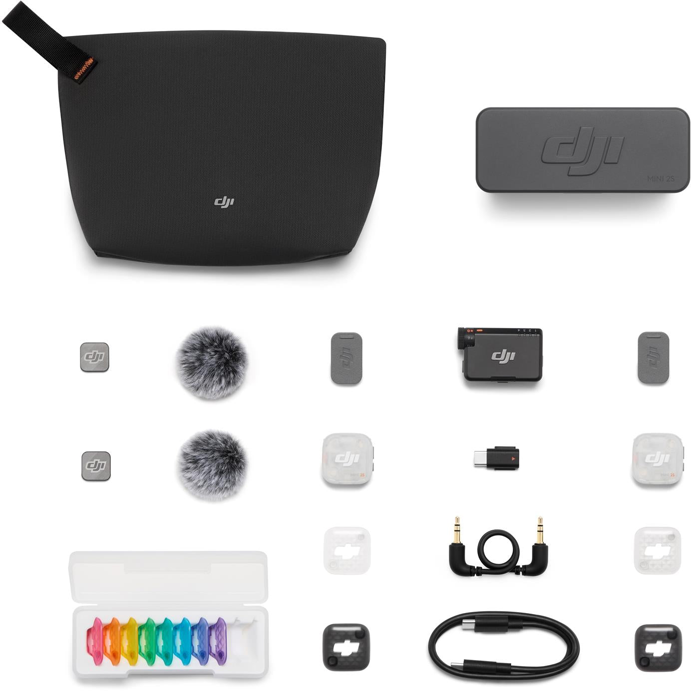 DJI wireless microphone kit with black case, receiver, transmitters, windscreens, and cable