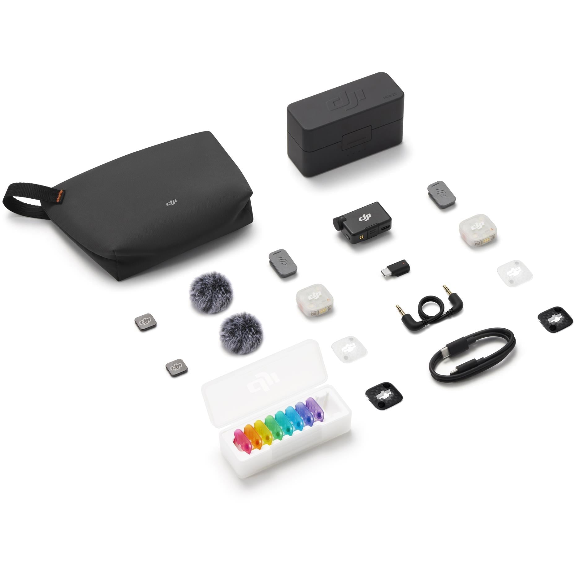 DJI wireless microphone kit with black storage pouch, receiver, transmitters, and accessories