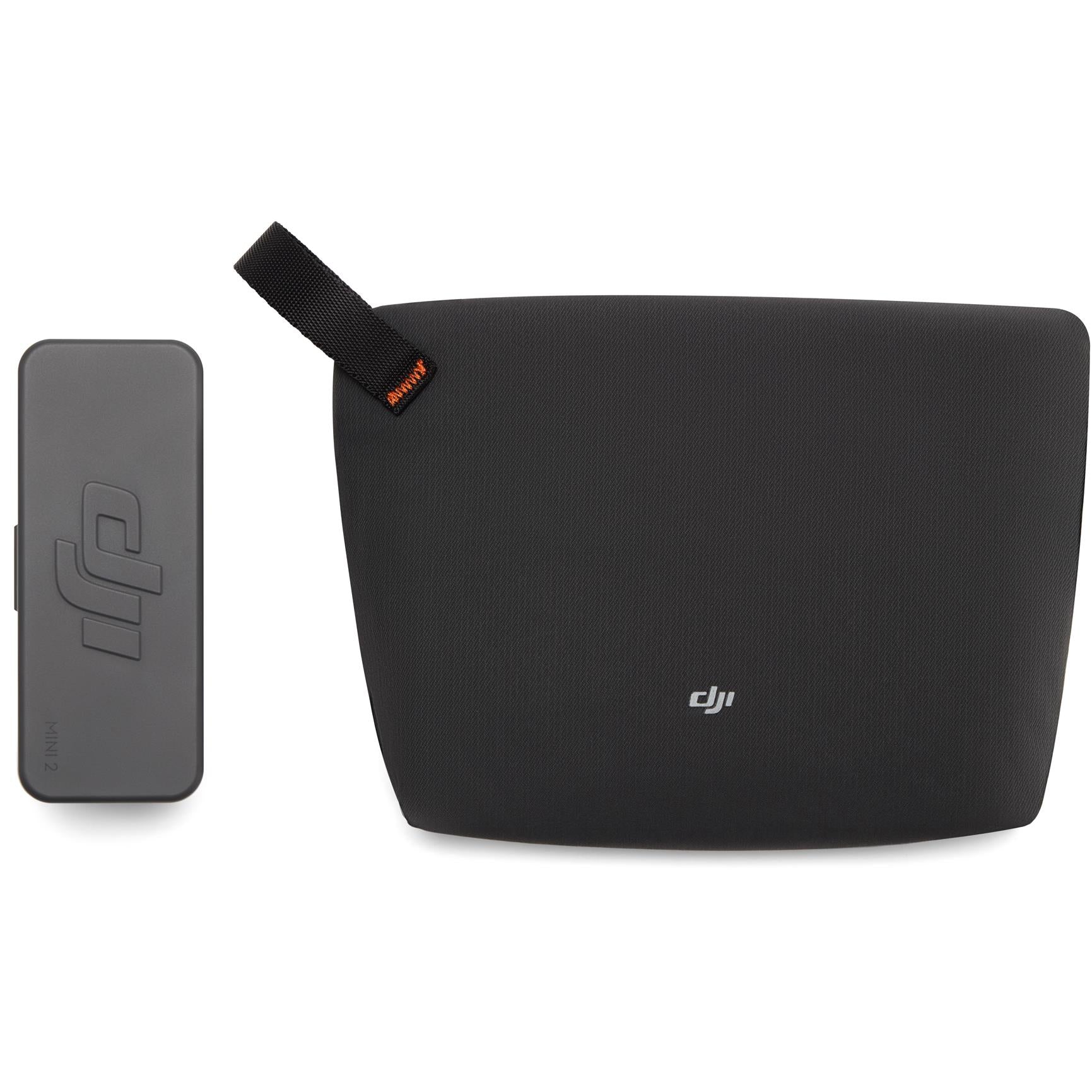Black DJI wireless microphone case with strap and separate receiver unit