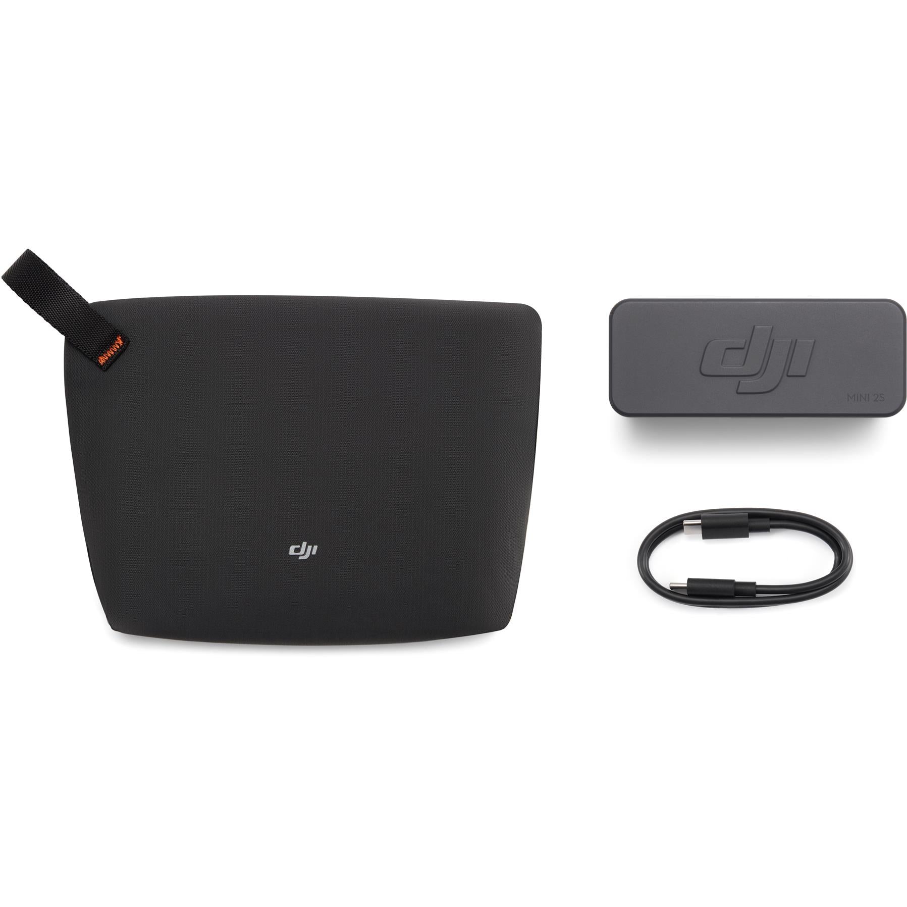 Black DJI wireless microphone case with strap, receiver, and black connection cable