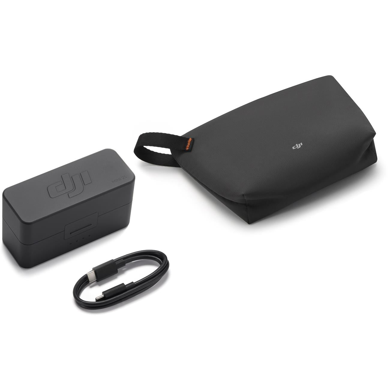 Black DJI wireless microphone receiver, storage case, and black cable with strap