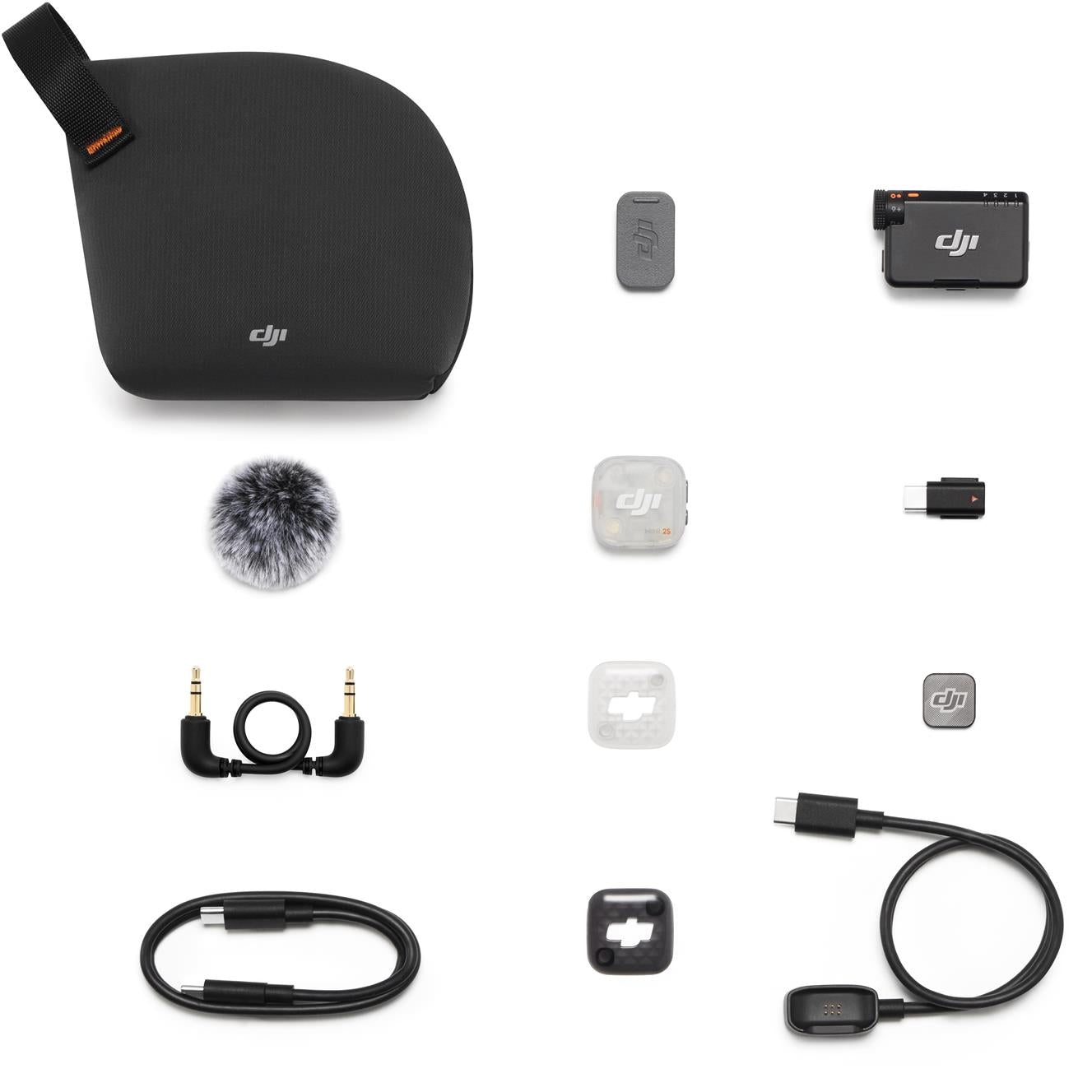 Wireless mic system with black storage pouch, receiver, transmitter, cables and fuzzy windscreen