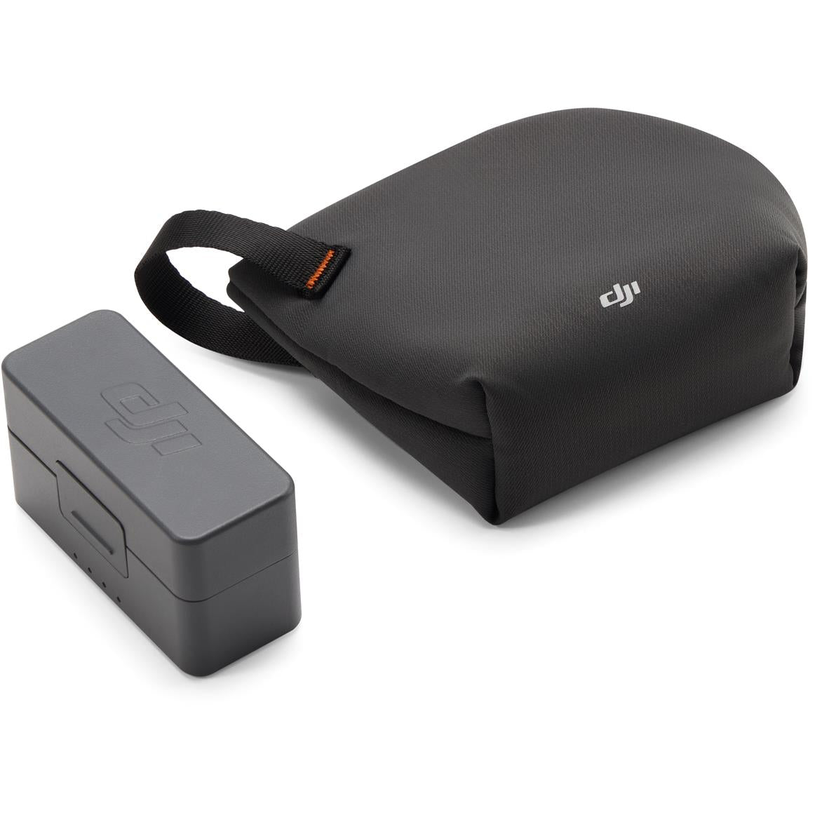 Black storage pouch with strap and DJI wireless receiver unit