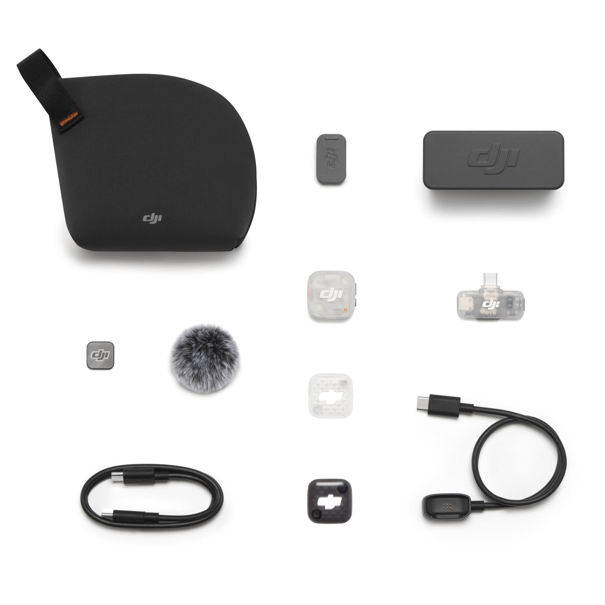 DJI Mic Mini 2S wireless mic kit with black pouch, foam windscreen, cable and adapters